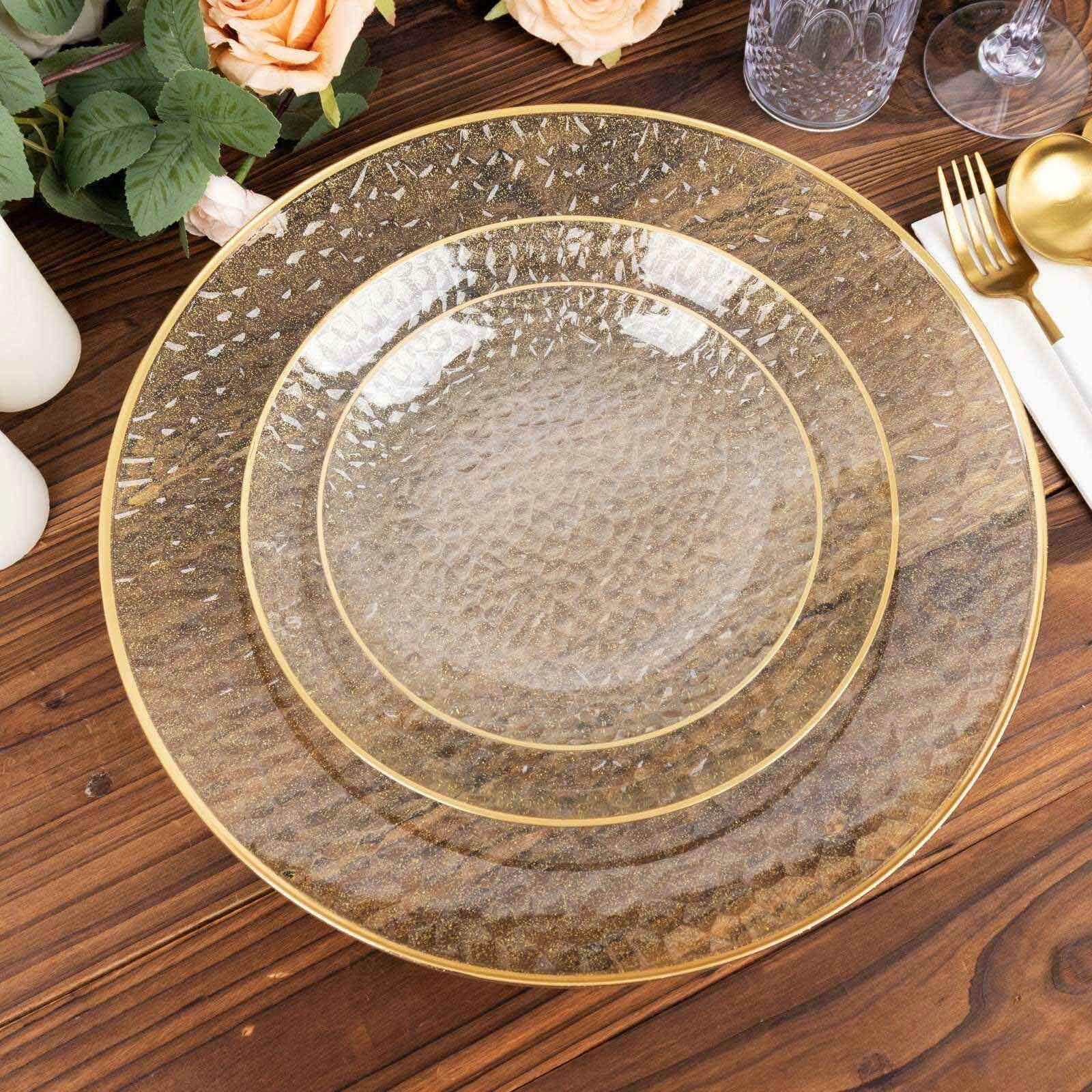 10-Pack Plastic 7" Round Dessert Appetizer Plates in Clear Gold Glittered Hammered Design with Gold Rim - Modern Disposable Salad Plates for Events & Banquets