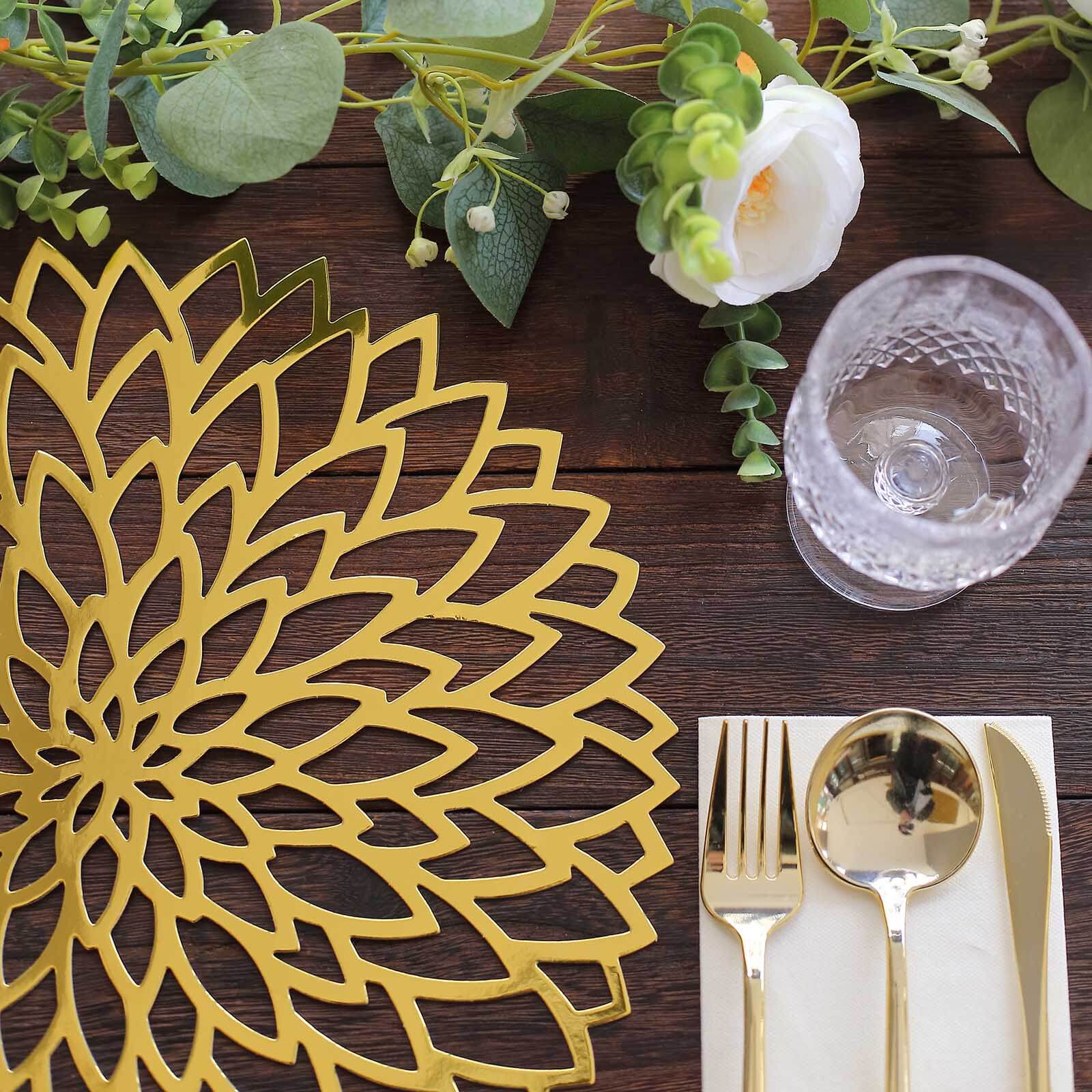 6-Pack Disposable Table Placemats in Metallic Gold with Laser Cut Hibiscus Flower Design - 400GSM Cardboard Placemats for Glamorous Table Decor 13"