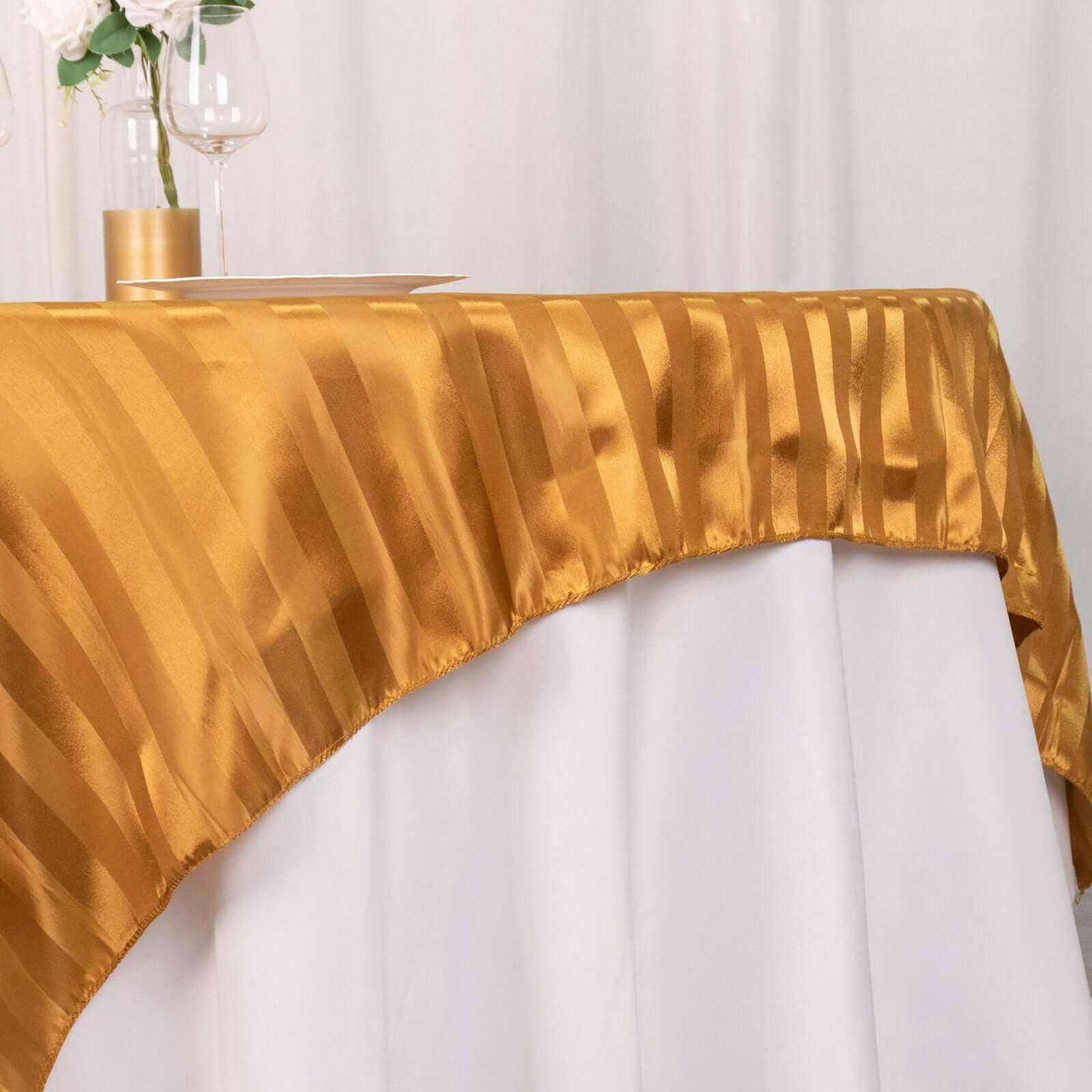Satin 72"x72" Table Overlay Square Tablecloth Gold - Stripe Table Topper