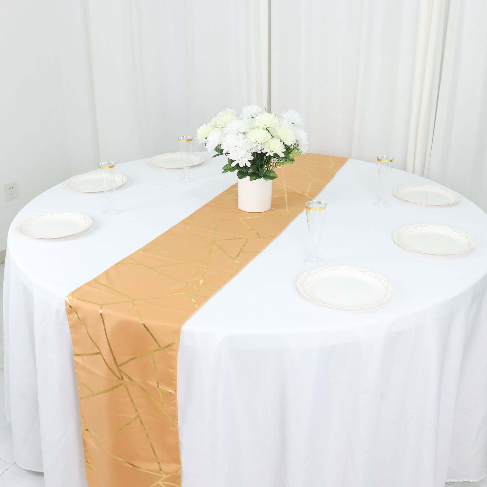 Polyester 9ft Table Runner Gold with Gold Foil Geometric Pattern - Modern & Stylish Table Decor