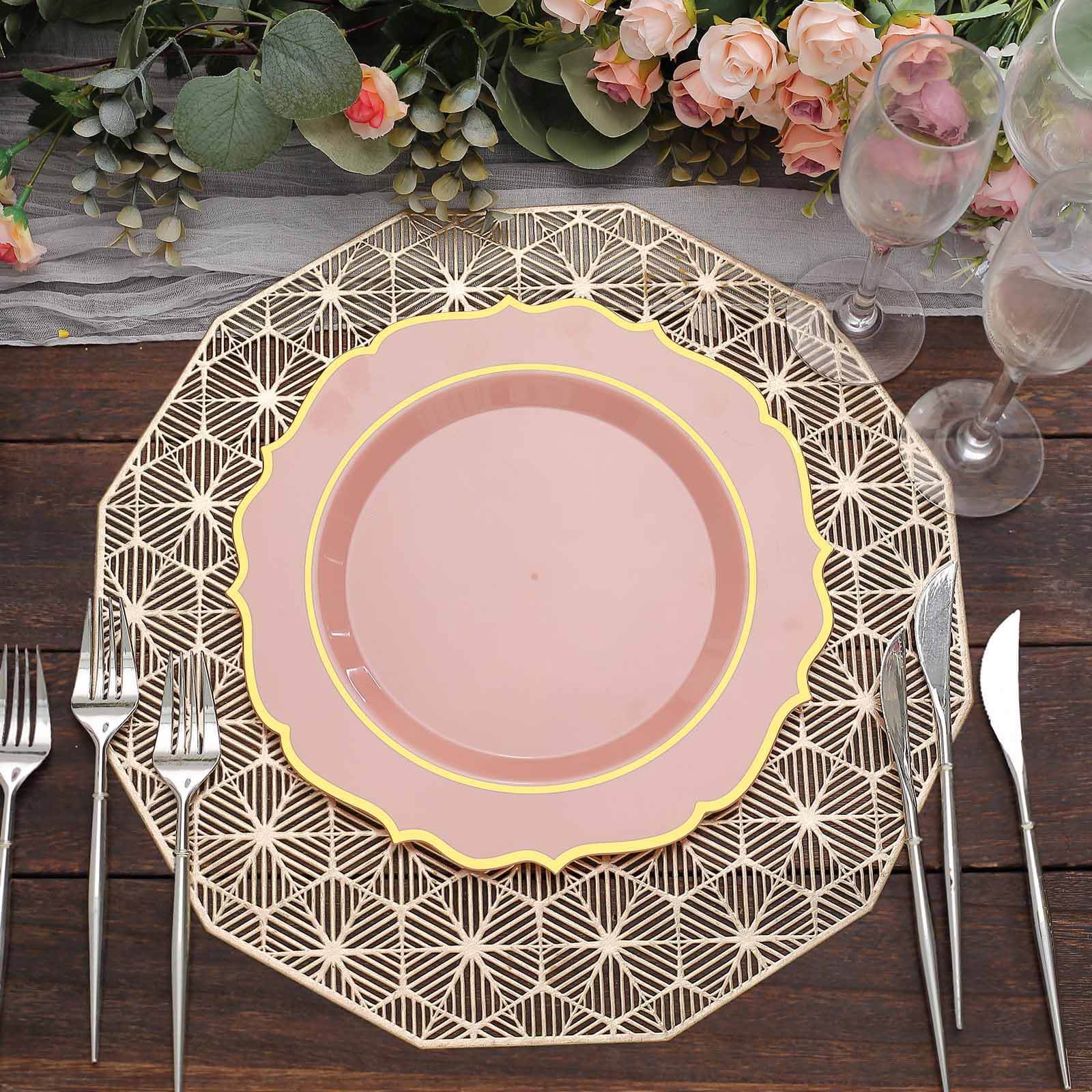 10-Pack Plastic 10" Round Dinner Plates in Dusty Rose with Gold Scalloped Rim - Disposable Party Plates