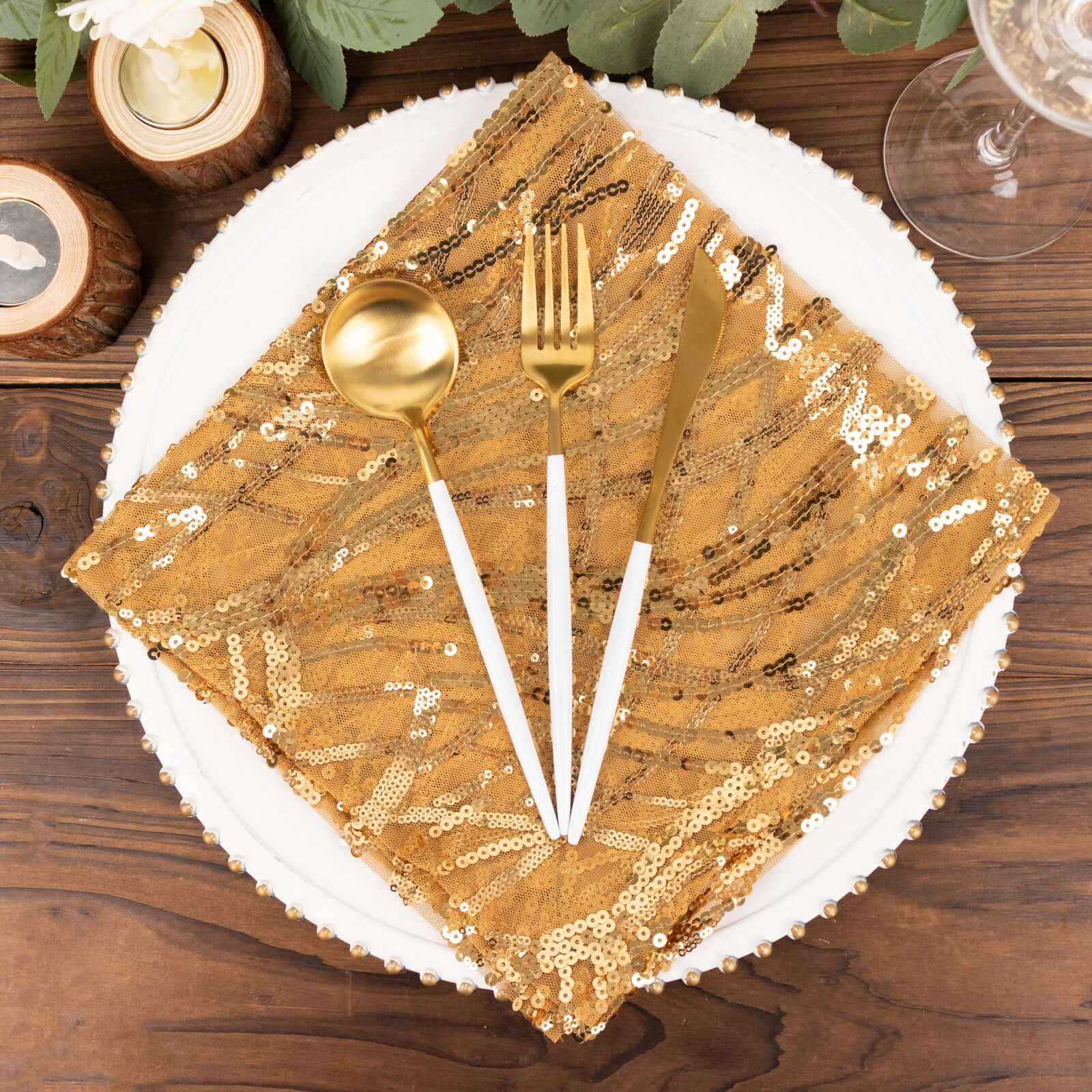 Sequin Mesh 20"x20" Napkin Gold - Wave Embroidered Reusable Cloth Napkin for Glitzy Table Settings