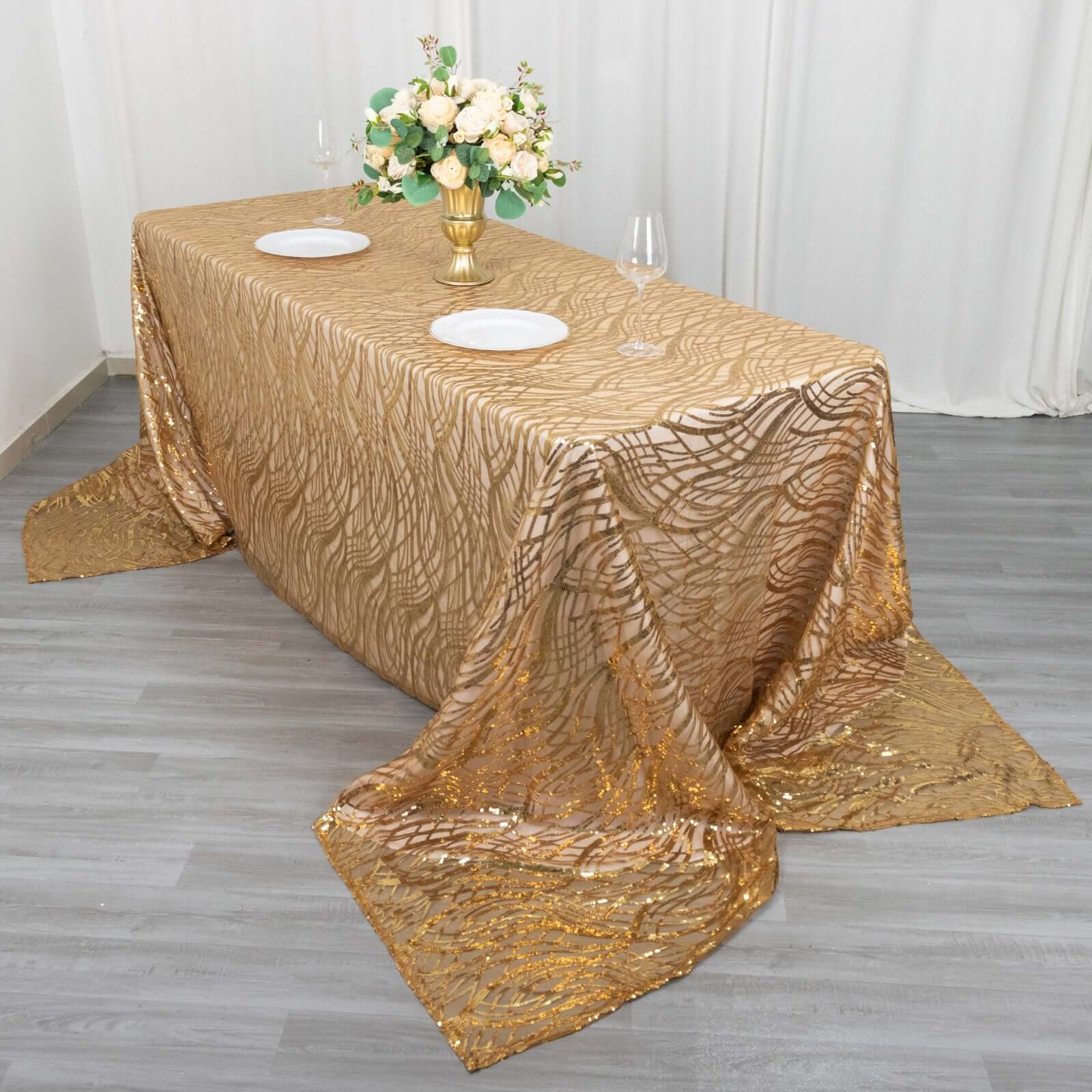 Mesh 90"x156" Rectangle Tablecloth Gold - Wave Sequin Embroidered Design for Refined Occasions