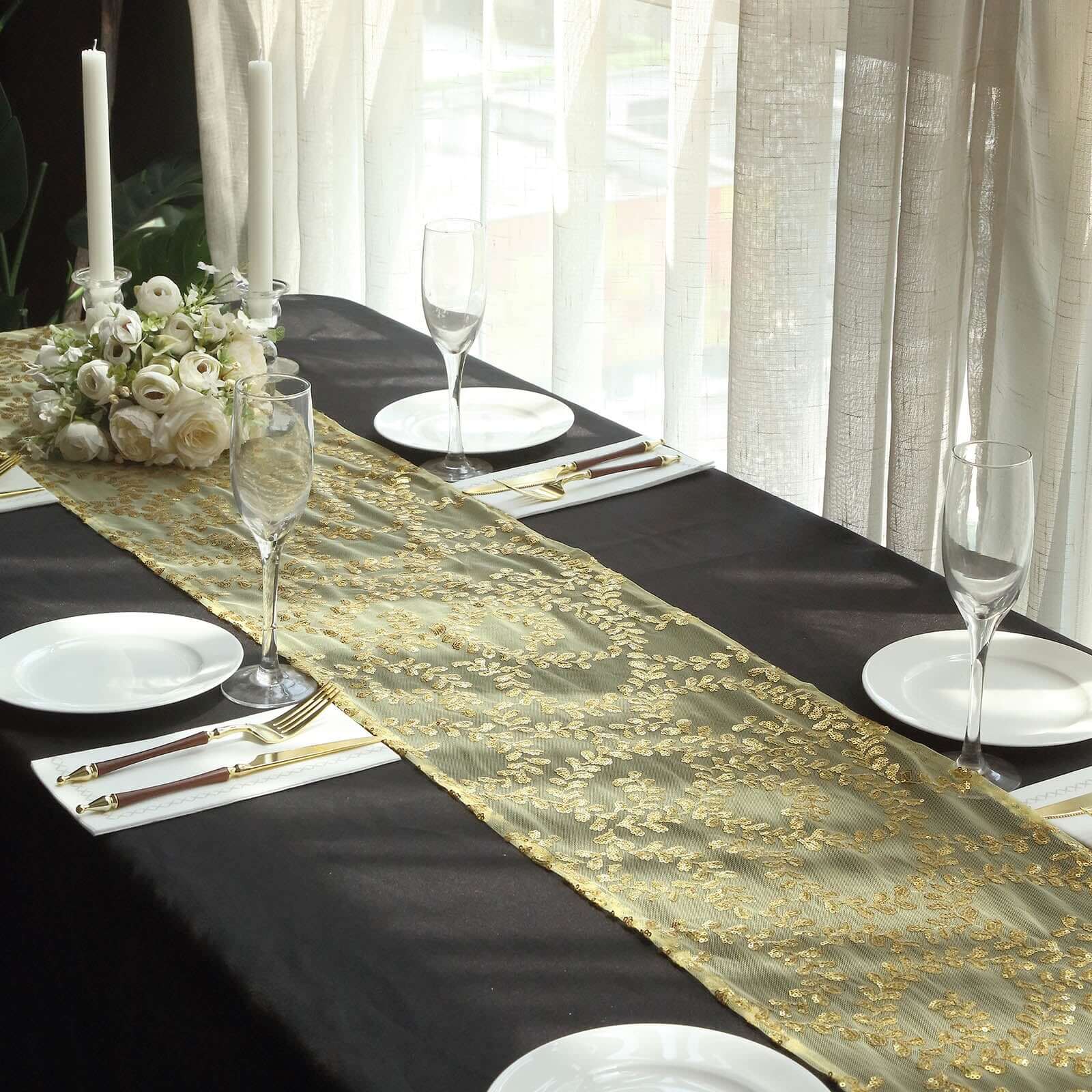 Mesh 12"x108" Table Runner Gold - Leaf Vine Sequin Embroidered Design for Sophisticated Occasion