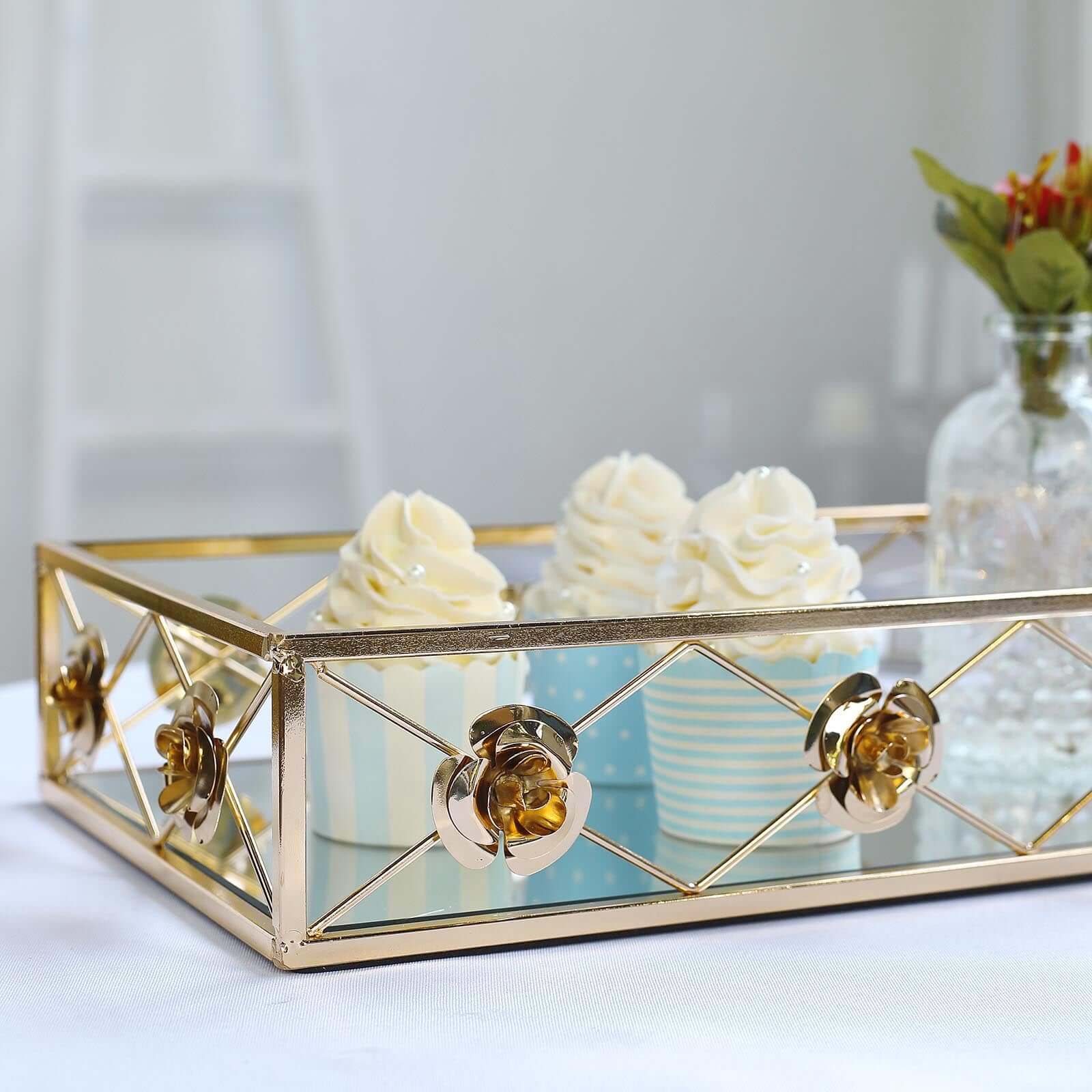 Set of 2 Metal Mirrored Rectangle Serving Trays in Gold with Rose Borders, Glamorous Decorative Vanity Tray Centerpiece 15"x8", 19"x12"