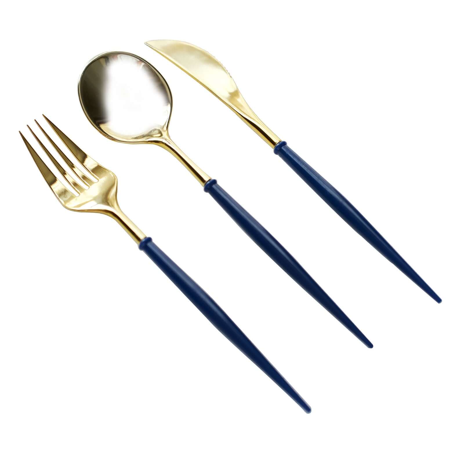 24-Pack Plastic Flatware Set in Metallic Gold with Royal Blue Handle - Heavy Duty Disposable Modern Silverware 8"