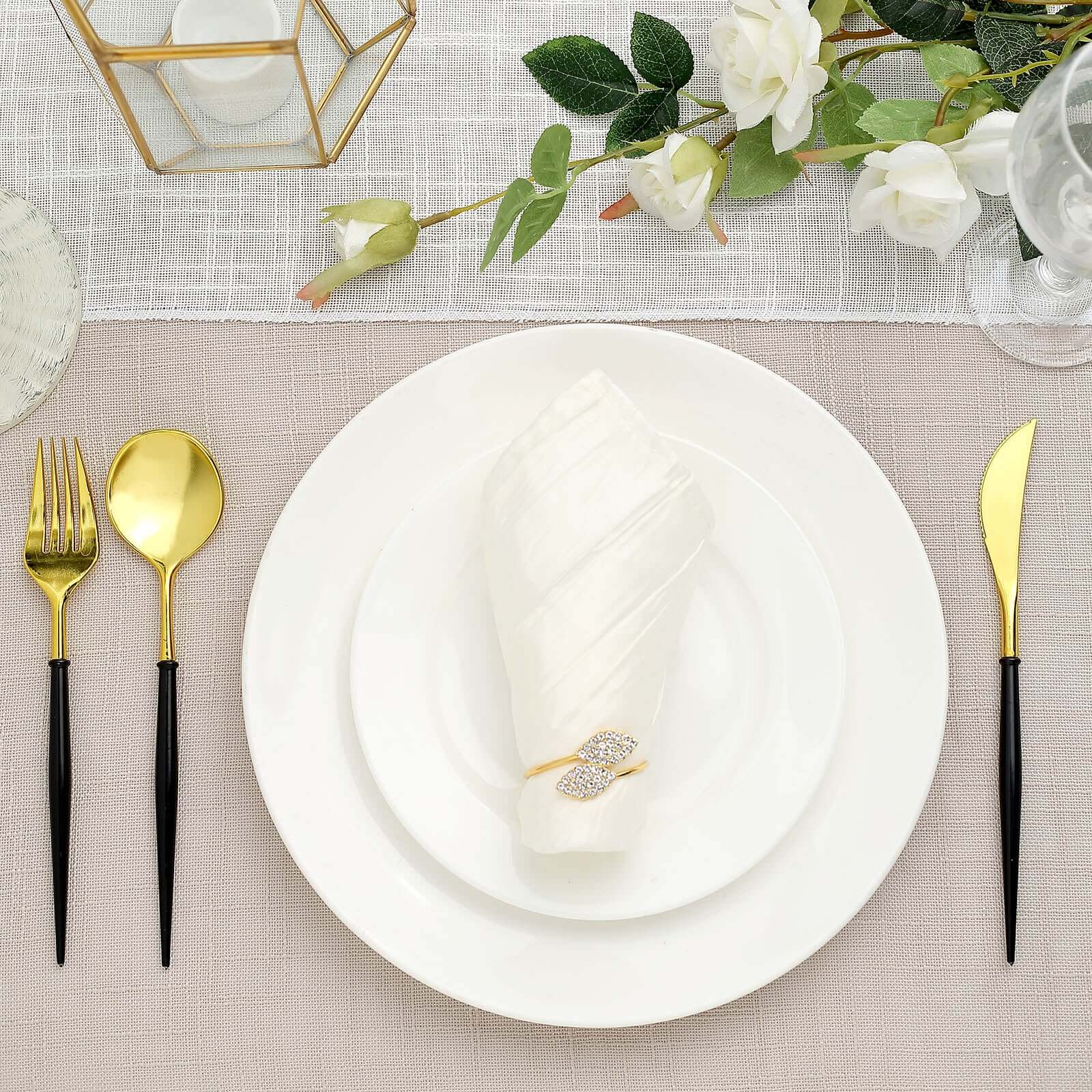 24-Pack Plastic Flatware Set in Metallic Gold with Black Handle - Heavy Duty Disposable Modern Silverware 8"