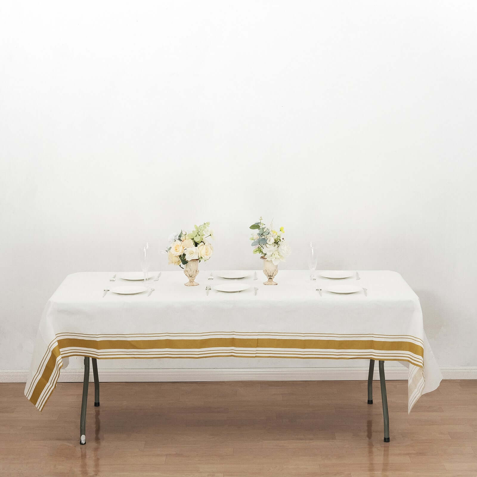 Linen-Like Paper 50"x108" Rectangle Tablecloth White - Disposable Airlaid Table Cover with Gold Striped Border