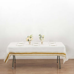 Linen-Like Paper 50"x108" Rectangle Tablecloth White - Disposable Airlaid Table Cover with Gold Striped Border