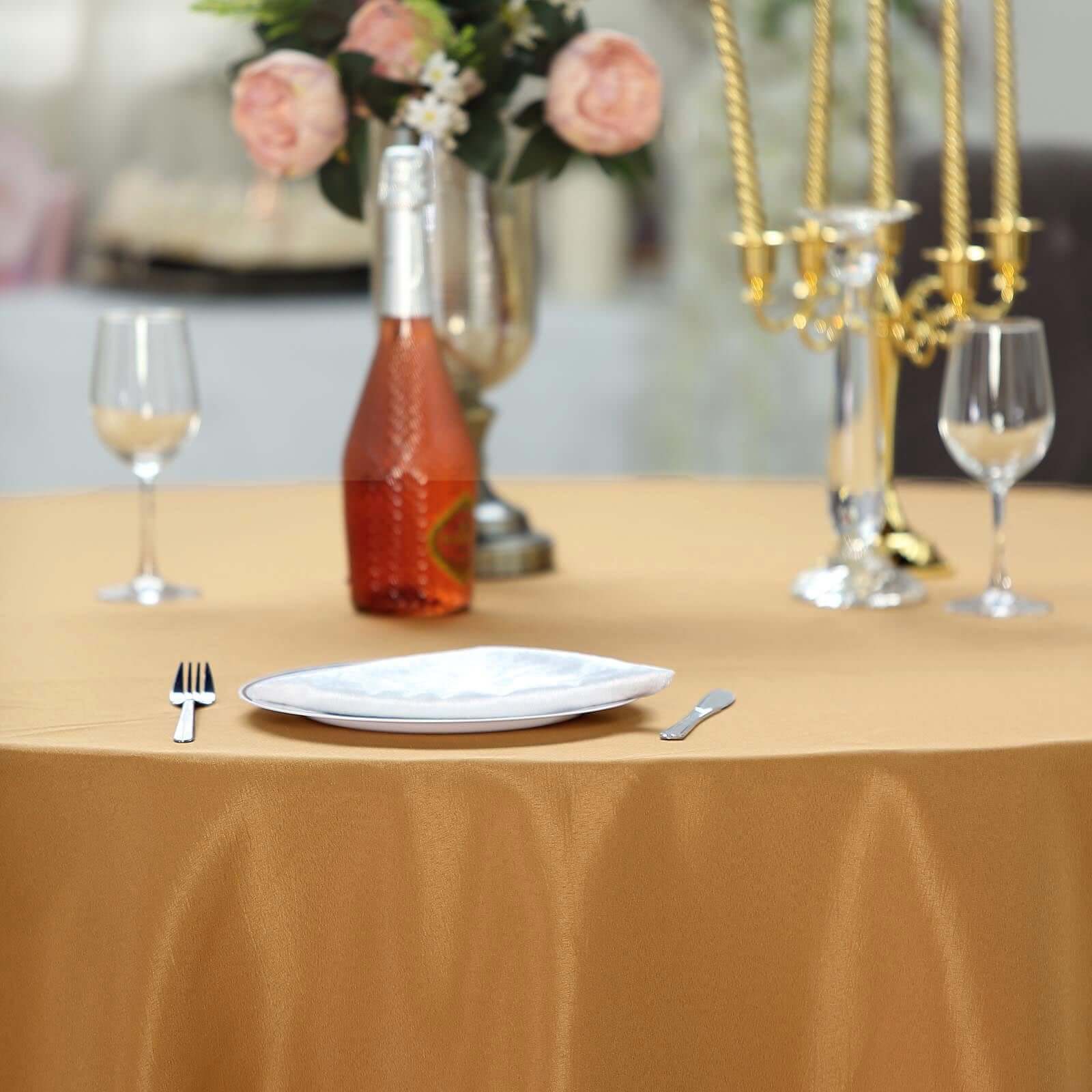 Polyester 132" Round Tablecloth Gold - Seamless Chic Design for Grand Celebrations