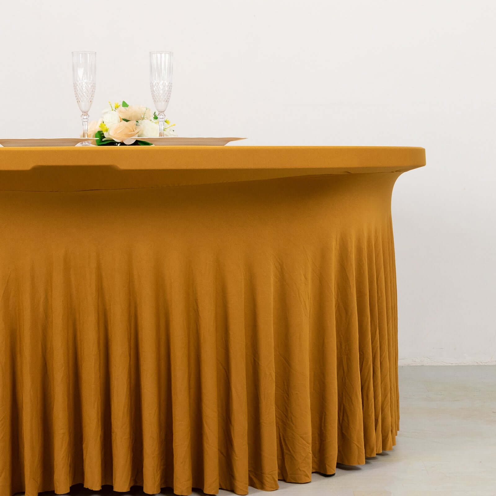 Spandex Round 5ft Table Skirt Gold with Wavy Skirt-Like Effect Stylish Table Cover for Weddings, Banquets & Trade Shows