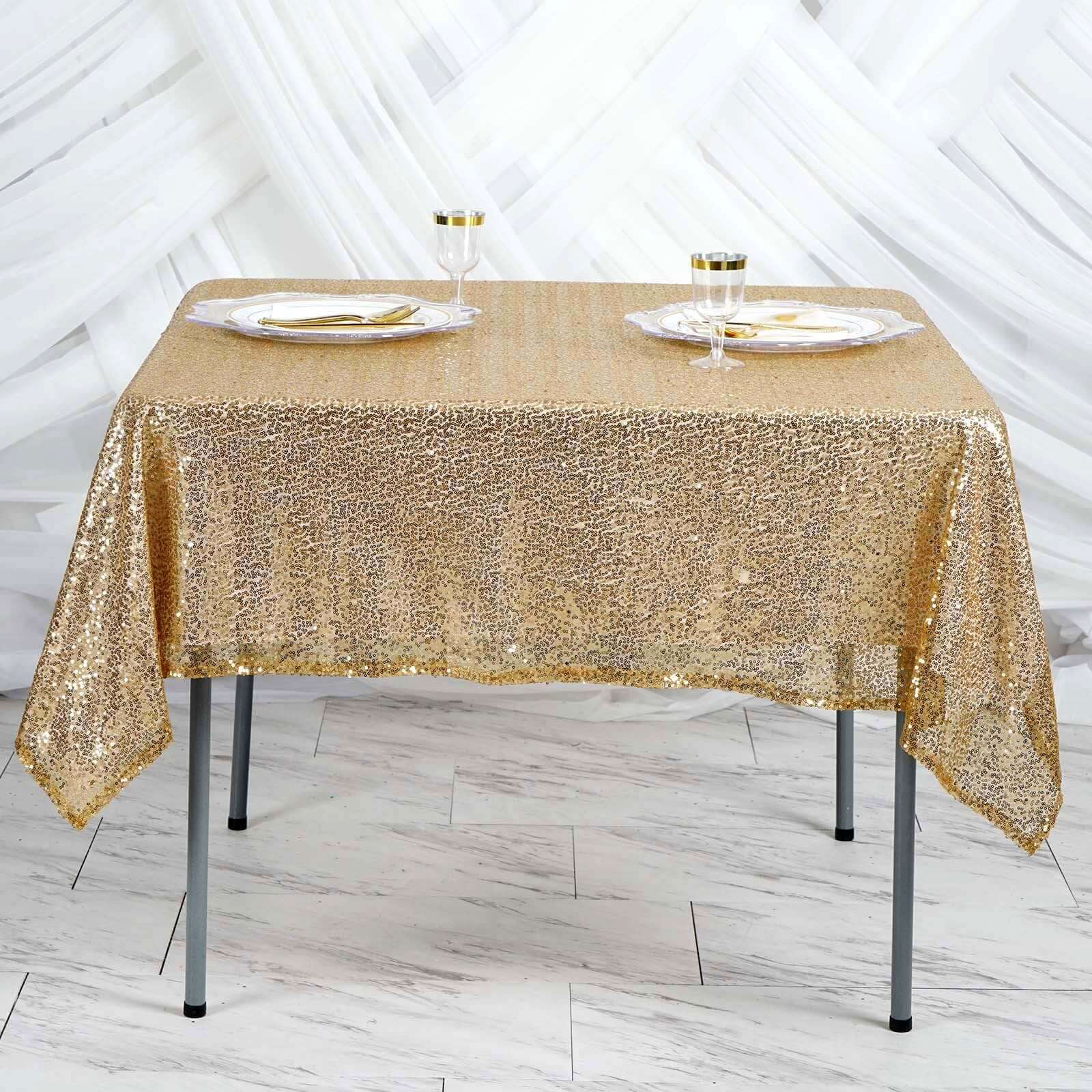 Sequin 60"x60" Table Overlay Square Tablecloth Gold - Luxe Wedding Table Topper