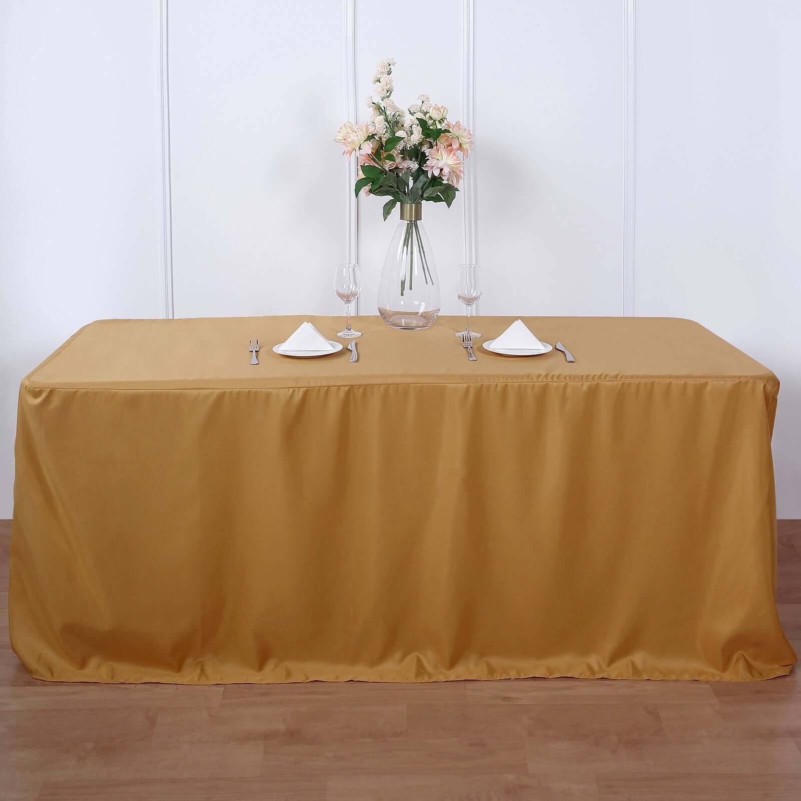 Fitted Polyester 96"x30" Rectangle Tablecloth Gold - Durable and Easy to Maintain Table Cover for Events for Trade Shows, Catering & Events