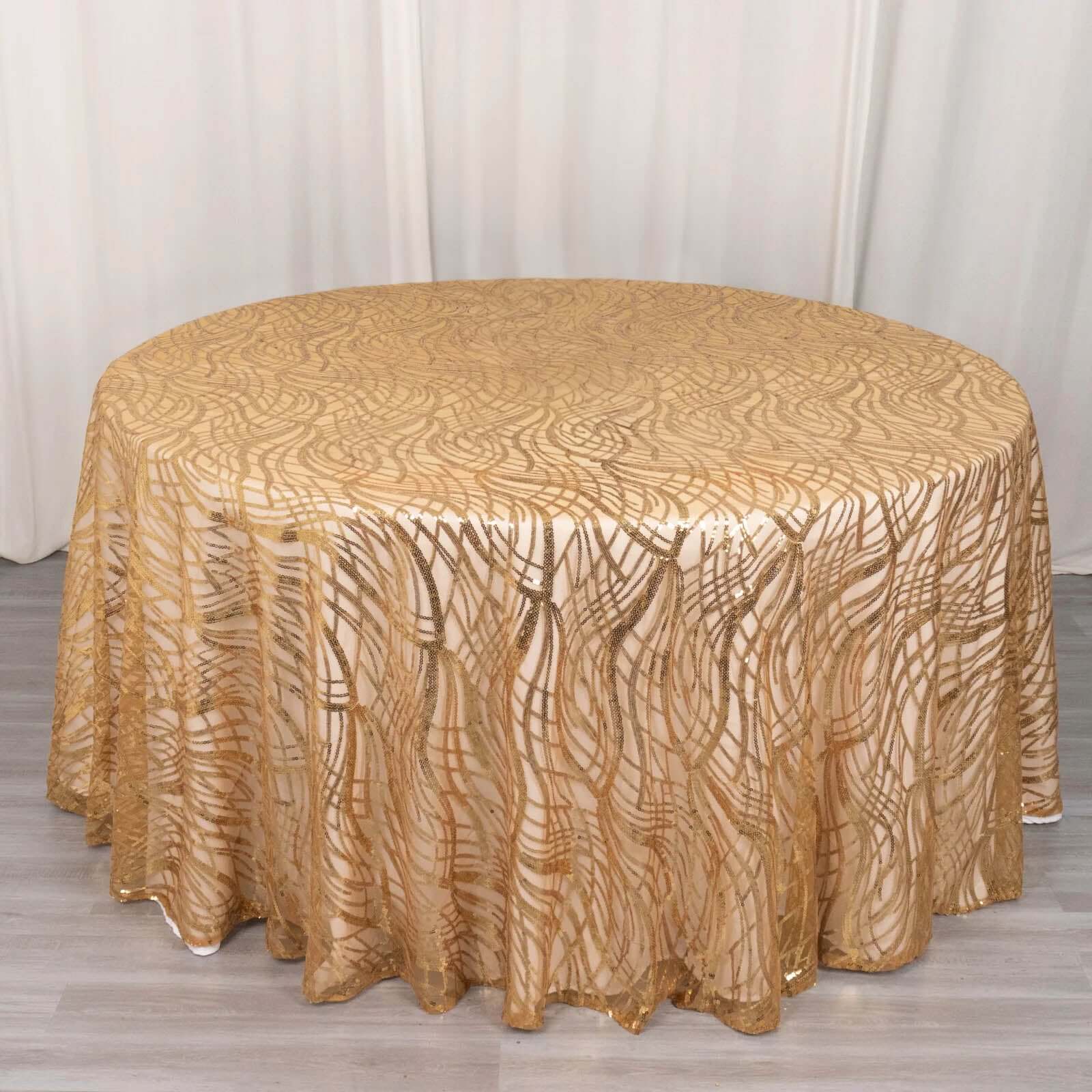 Sequin Mesh 120" Round Tablecloth Gold - Seamless Wave Embroidered Design for Stylish Events