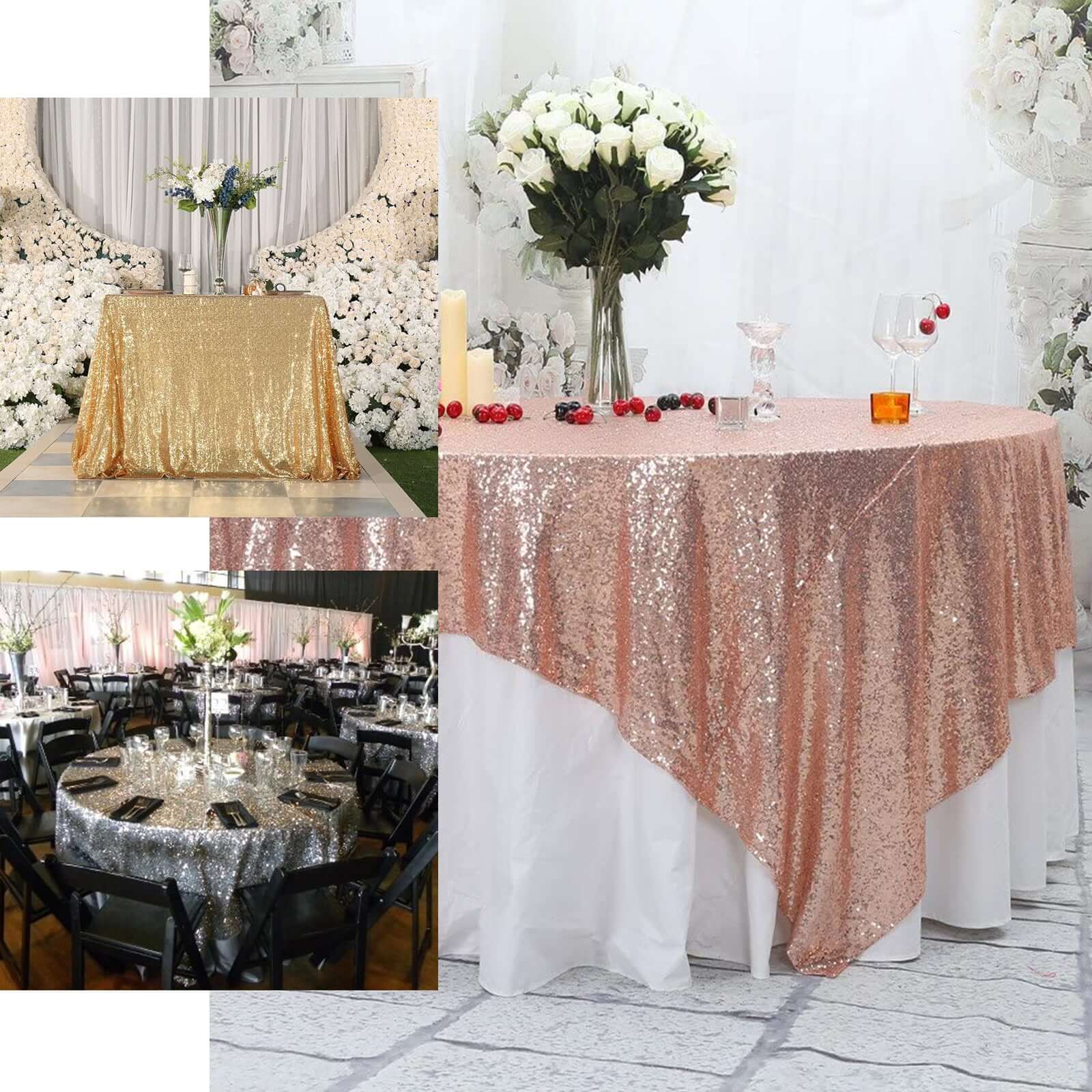 Sequin 90"x90" Table Overlay Square Tablecloth Gold - Sparkly Design for Stylish Celebrations