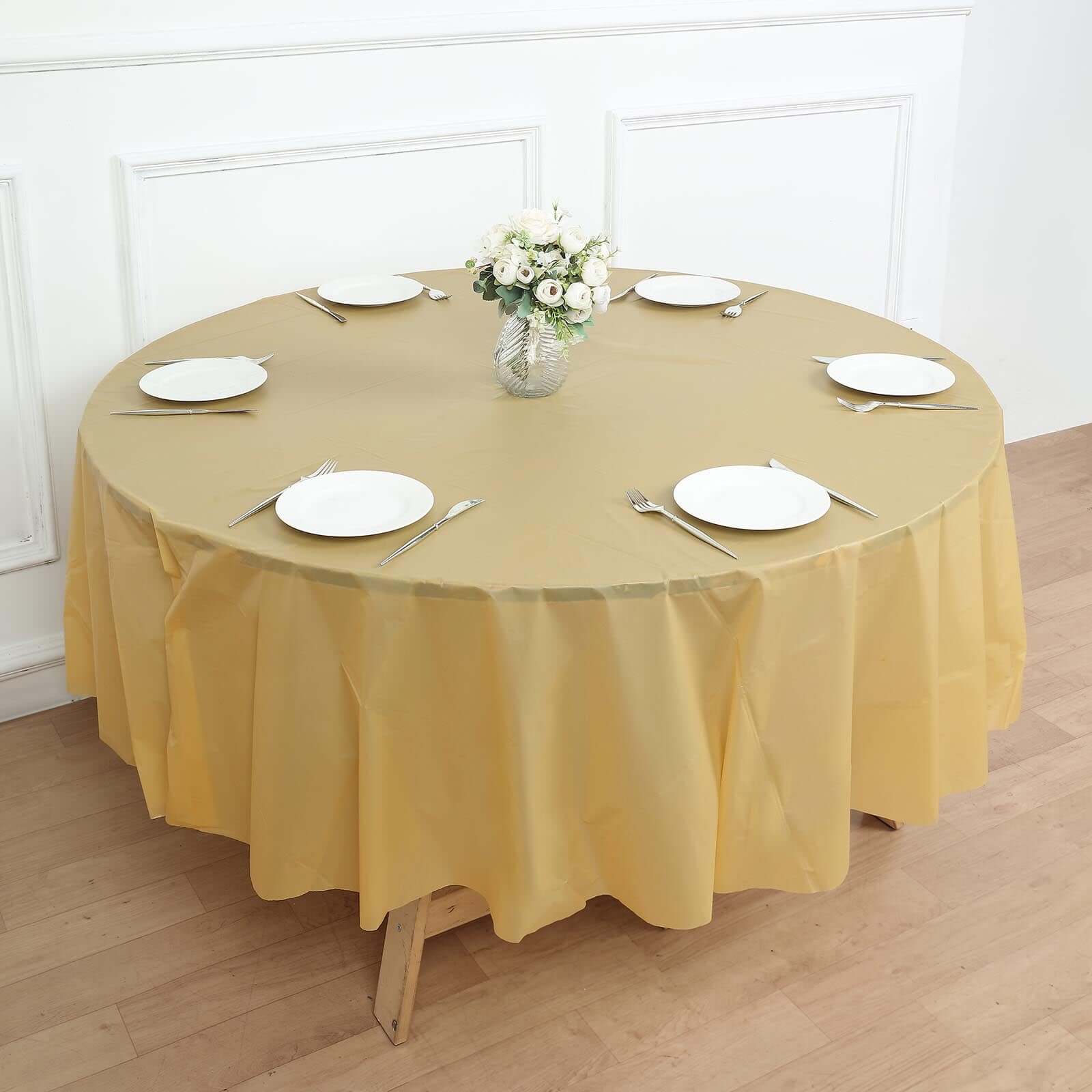 5-Pack Plastic Table Covers Gold Round - Durable PVC Disposable Tablecloths for Events 84"