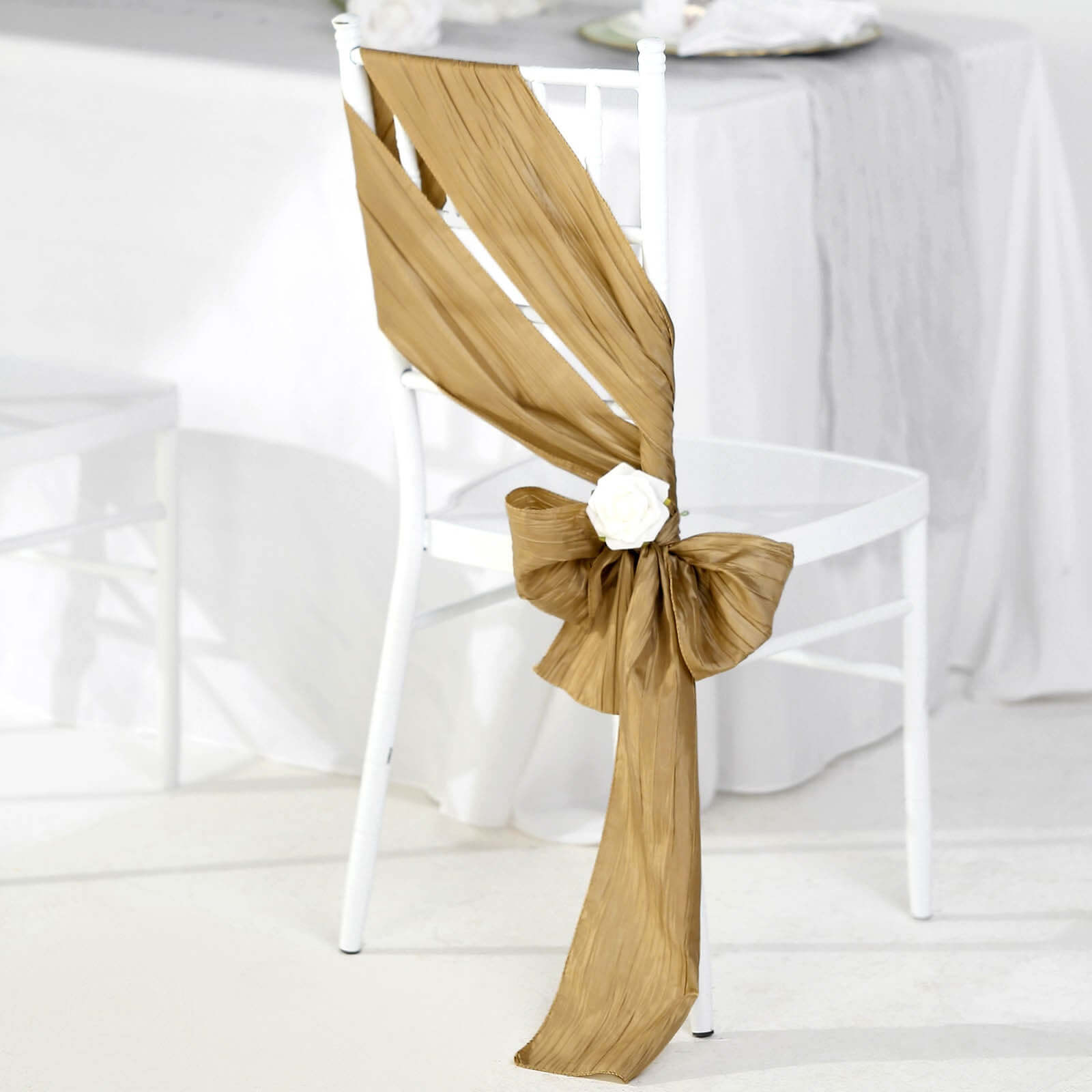 5 Pack Taffeta 6"x106" Chair Sashes Gold Accordion Crinkle Texture - Stylish Decor for Weddings & Gatherings