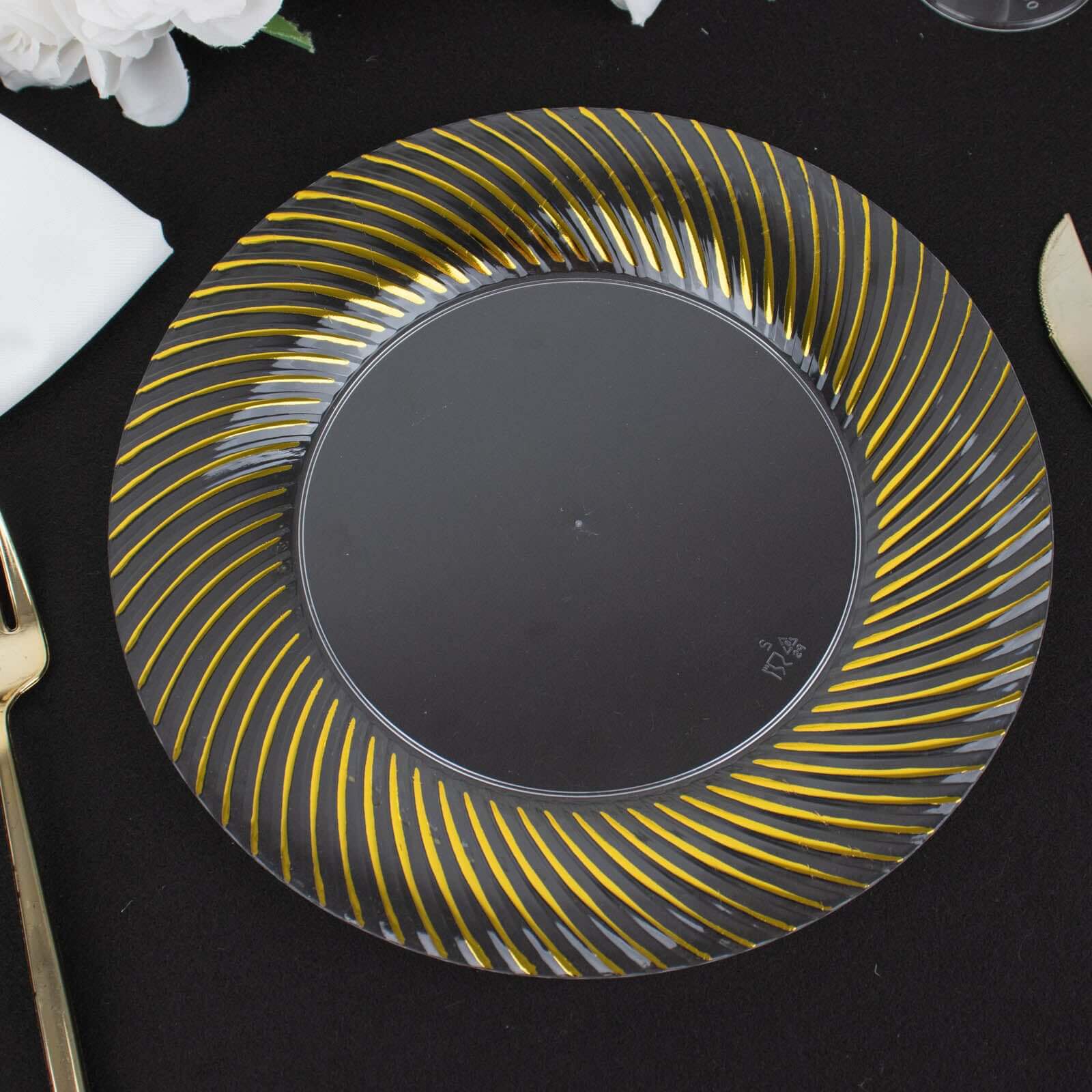 10-Pack Plastic 9" Round Dinner Plates Clear with Gold Swirl Rim - Disposable Party Plates for Classy Events & Banquets