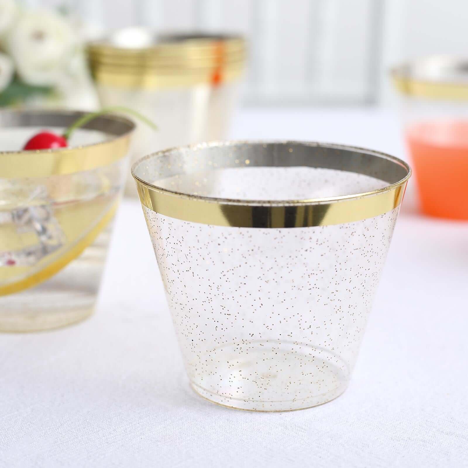 25-Pack Plastic Party Cups Clear/Gold Glitter Crystal with Gold Rim - Stylish Short Disposable Glasses 9oz
