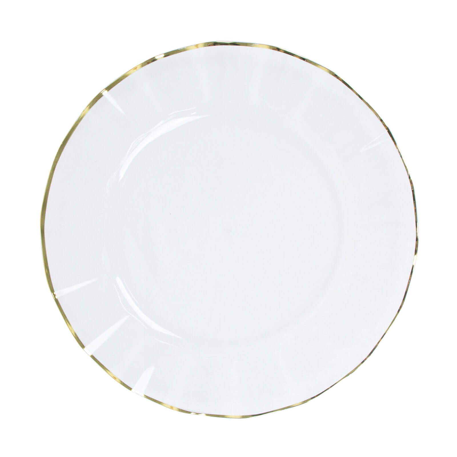 10-Pack Plastic 11" Round Dinner Plates in Clear Ruffled Rim with Gold Edging - Sturdy Disposable Dinnerware