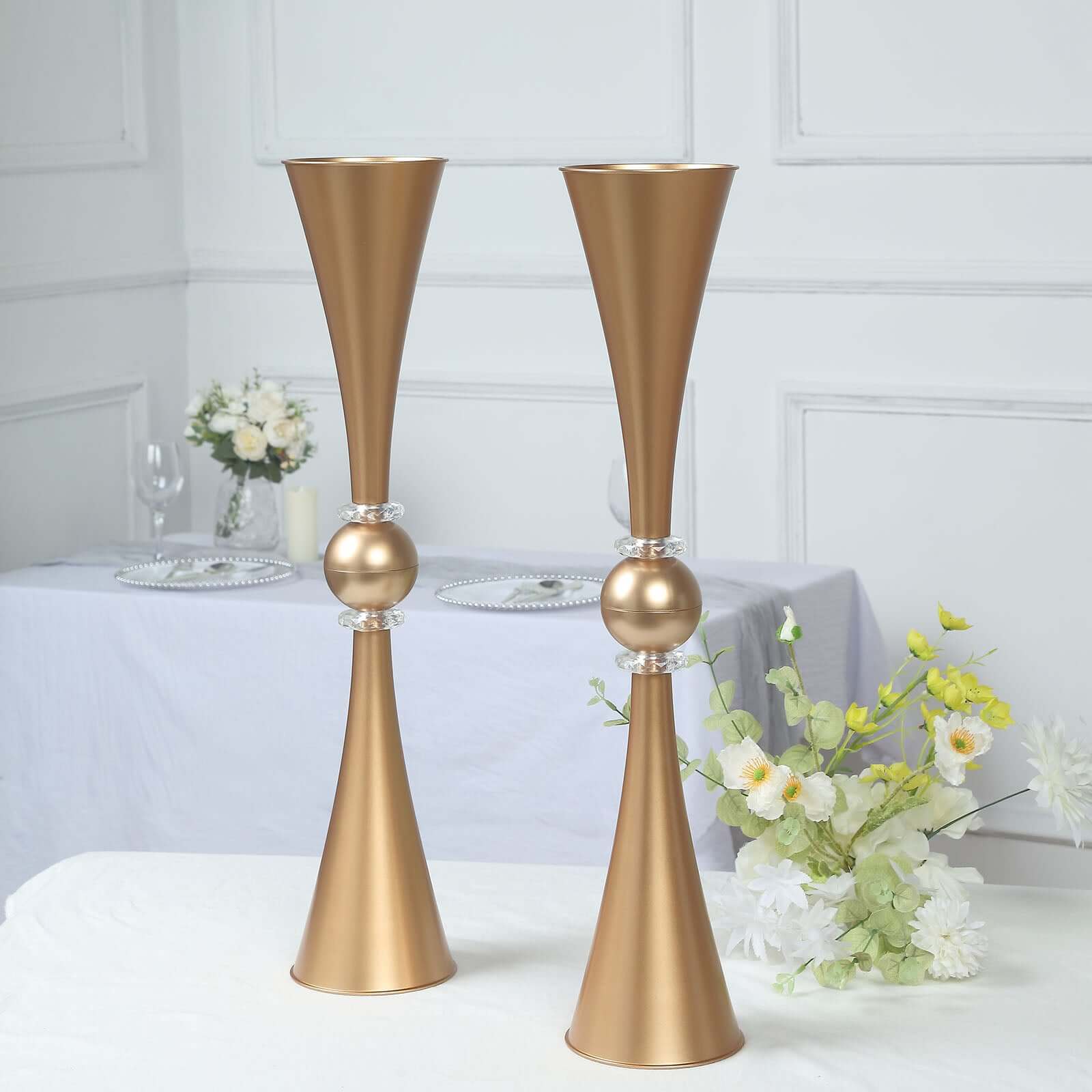 2-Pack Flower Vases Trumpet Design with Crystal Embellishments Gold - Reversible Plastic Centerpieces for Events 27"