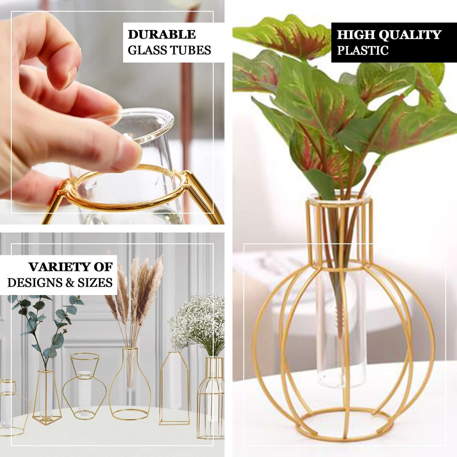 2-Pack Flower Stands Gold Metal Frame Geometric Design - Test Tube Vase Centerpieces 6.5"