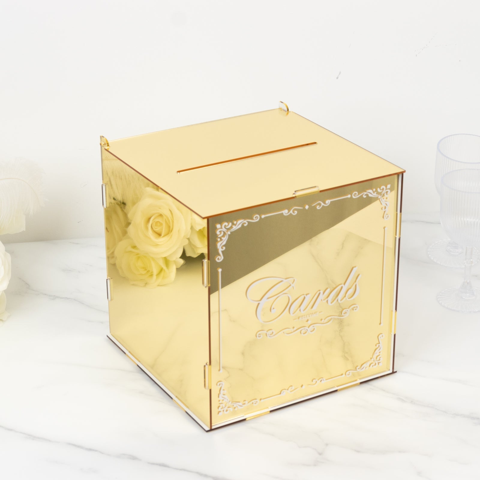 10" Gold Mirror Acrylic Wedding Card Box with Slot - Wishing Well Money Box for Reception, Graduation, and Events