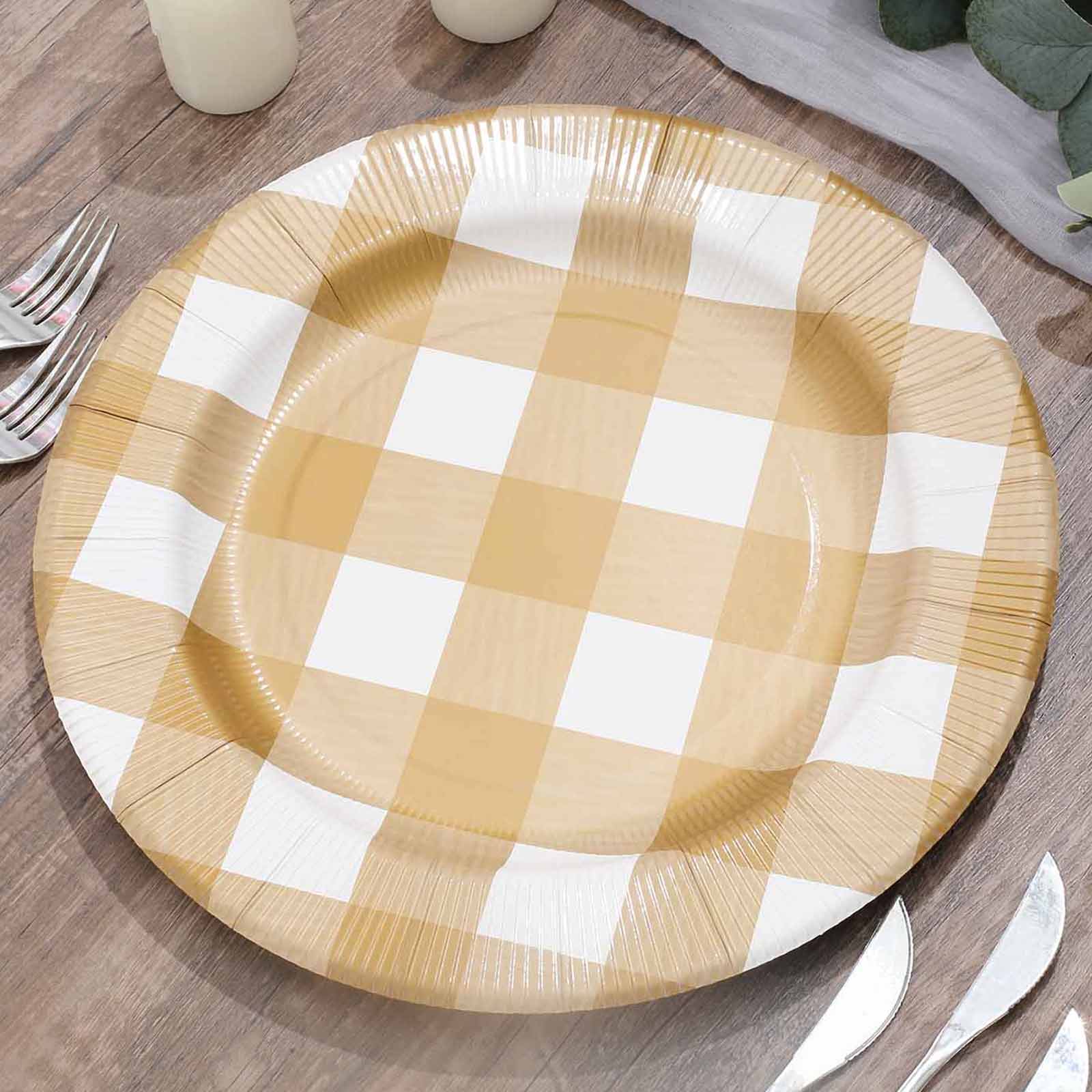 10-Pack Disposable Paper Charger Plates – Gold/White Buffalo Plaid 13" Round Table Chargers, 350 GSM Cardstock