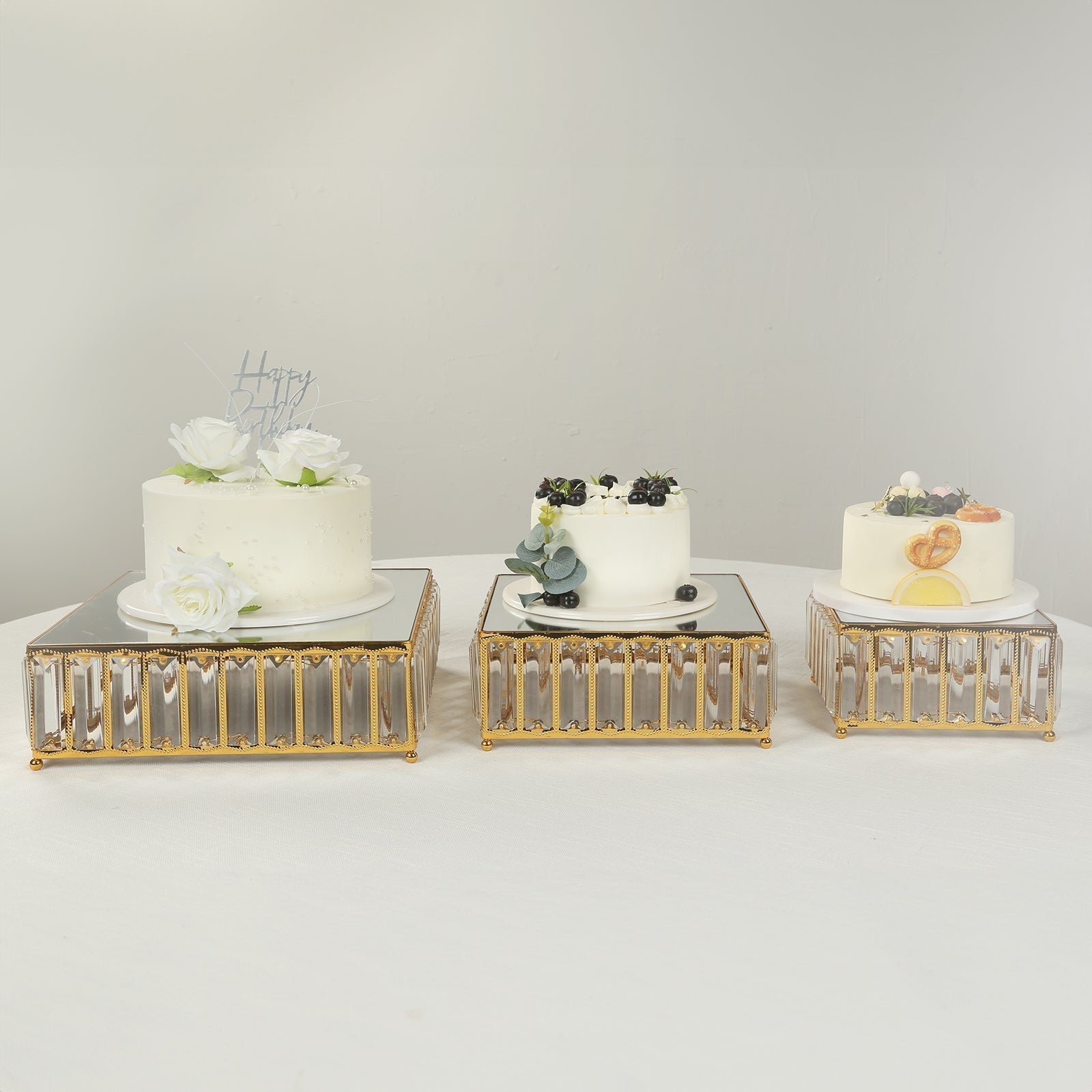 Set of 3 Gold Metal Crystal Pendant Cake Stands with Mirror Top, Stackable Square Dessert Display Trays - 7",10",12"