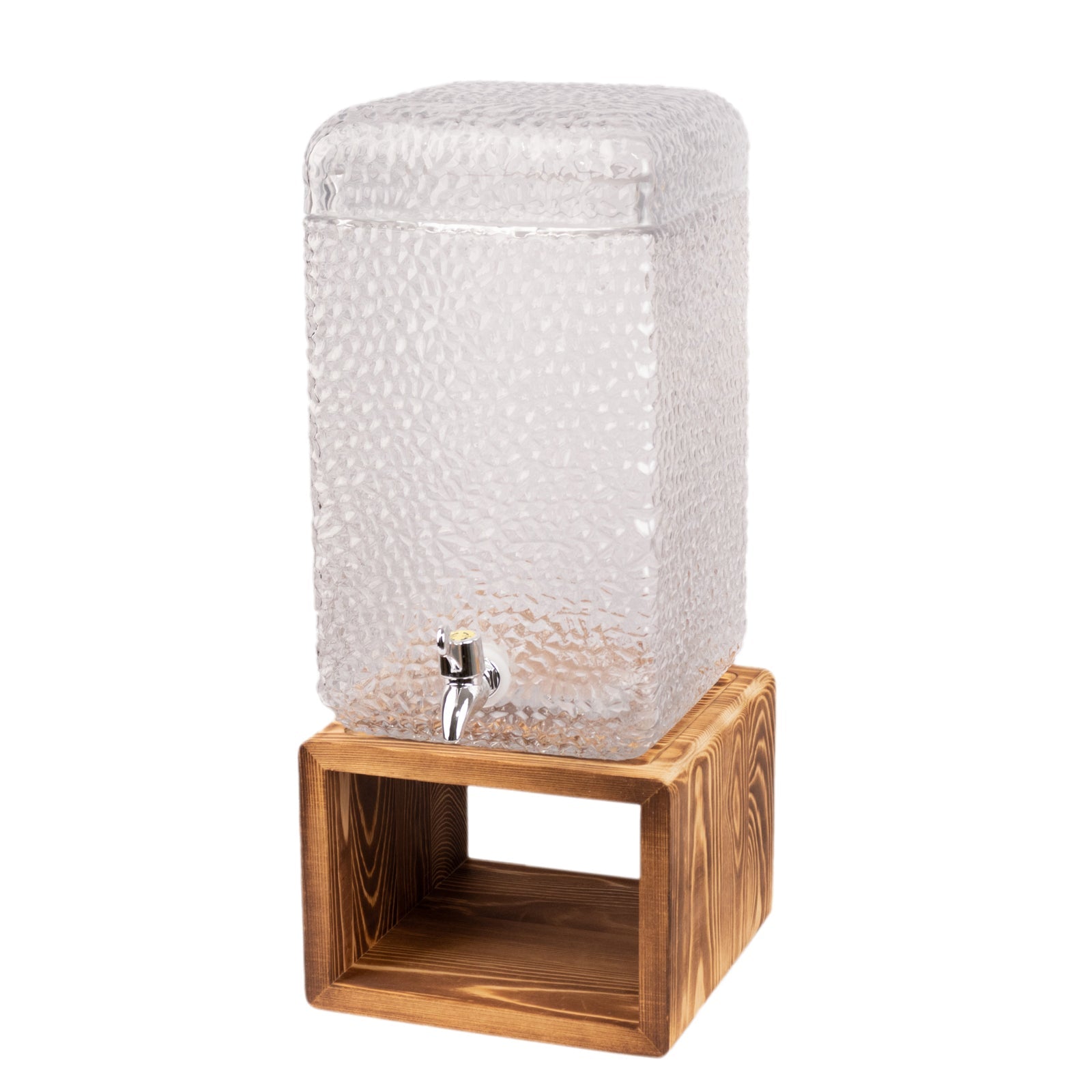Gallon Clear Hammered Glass Beverage Dispenser, Rectangular Juice Jar with Wooden Stand and Lid - Lead-Free Countertop Feature 19"