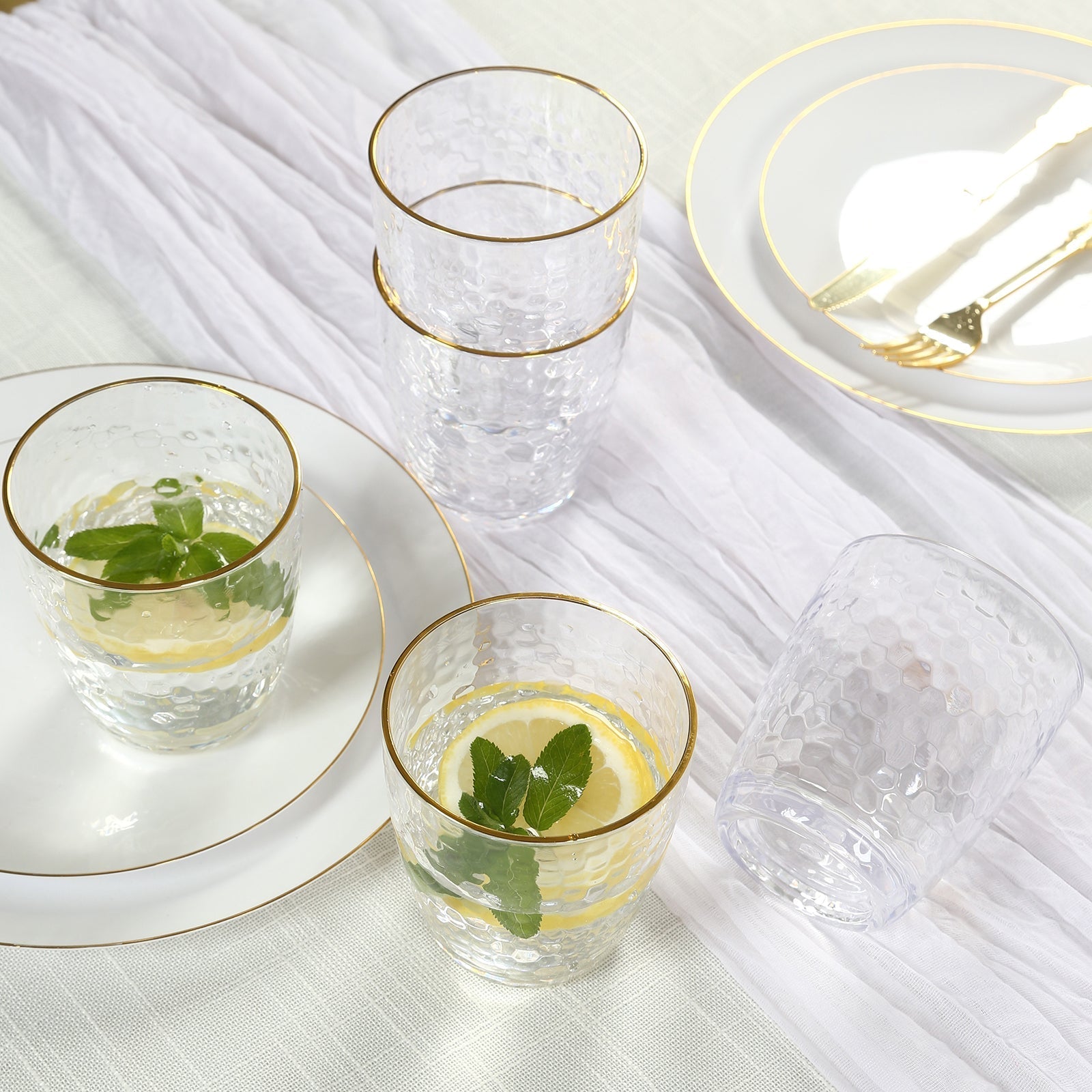 12-Pack Plastic Tumblers Reusable Hammered Cups 14oz – Clear with Gold Rim – Shatterproof Cocktail Drinkware