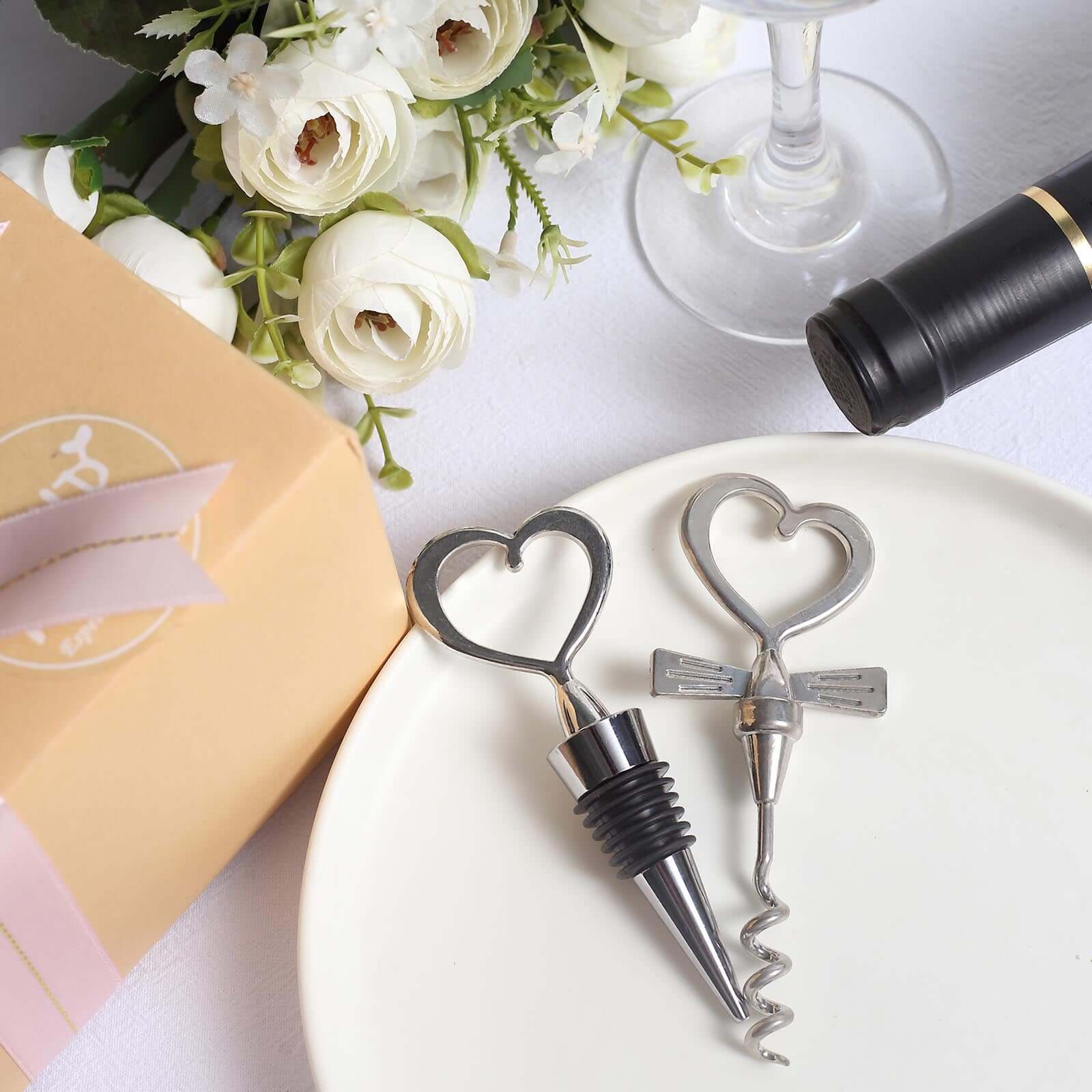 Silver Metal Heart Wine Bottle Opener Cork Stopper Party Favors Souvenir Gift Set, Wedding Favor in Velvet Box - 4.5",5"