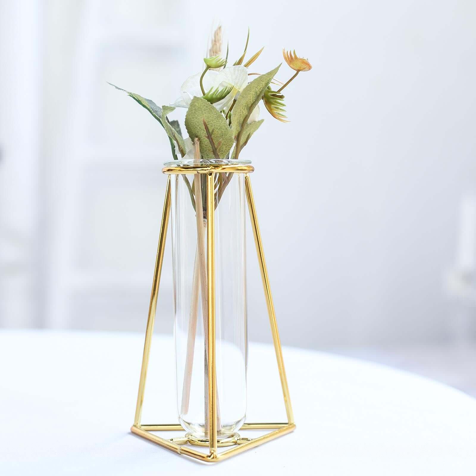 2-Pack Mini Wedding Centerpieces Gold Metal Frame Triangular Geometric Design - Test Tube Bud Vases 6"