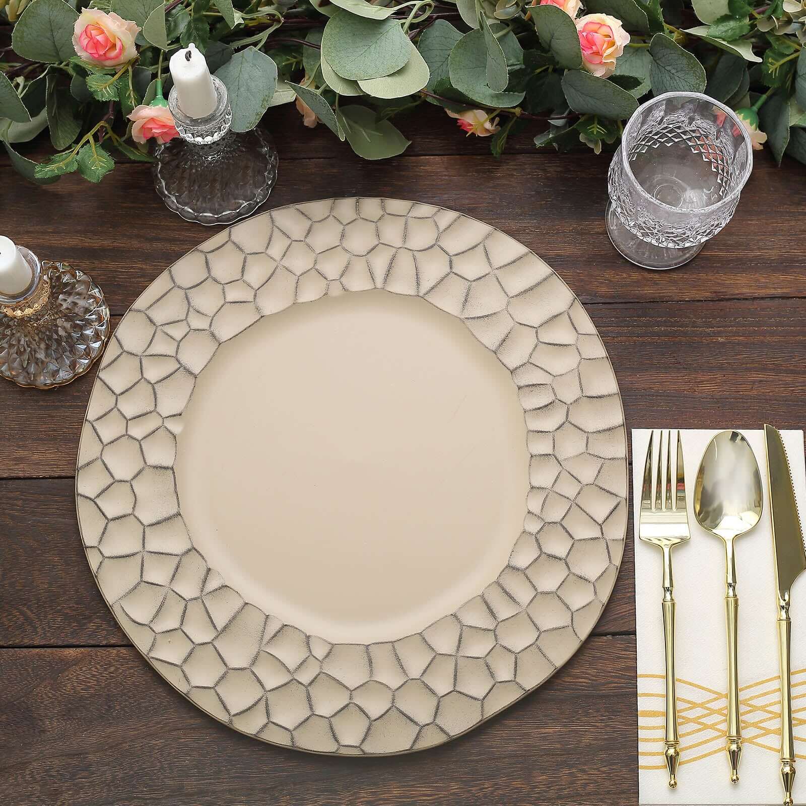 6-Pack Round Charger Plates 13" in Taupe with Hammered Rim, Matte Finish Modern Dinner Charger Tableware
