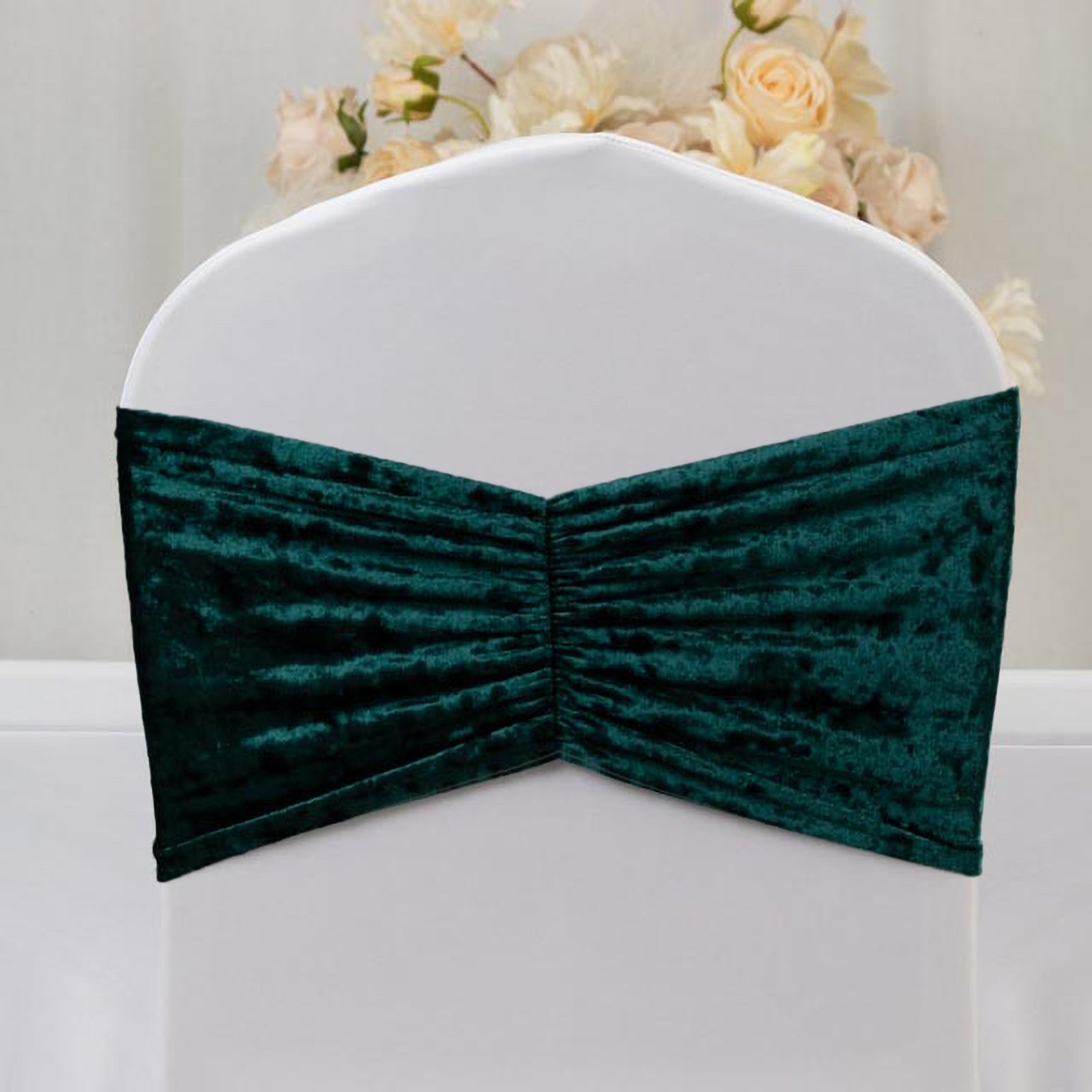 5 Pack Crushed Velvet Chair Bands Hunter Emerald Green Wide Ruffle Style - Textured Chair Sashes for Stunning Event Decor - 8"x15"