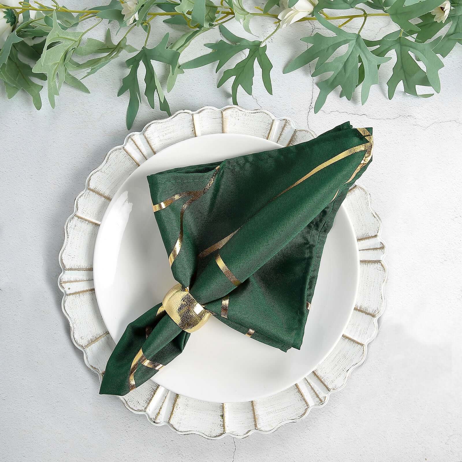 5 Pack Polyester 20"x20" Napkins Hunter Emerald Green with Gold Geometric Foil Pattern - Modern Reusable Dinner Napkins