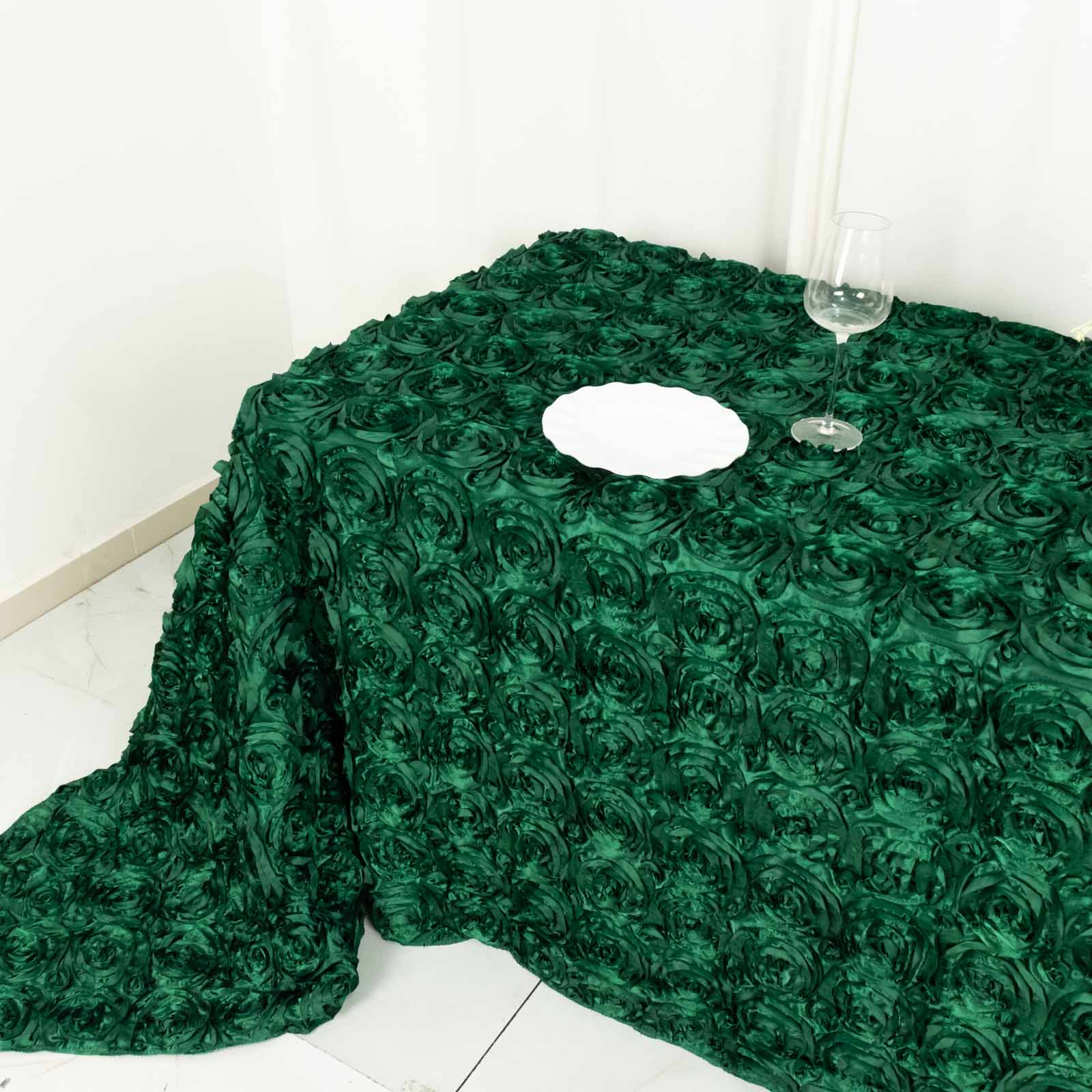 Satin 90"x132" Rectangle Tablecloth Hunter Emerald Green - Grandiose 3D Rosette Seamless Table Cover
