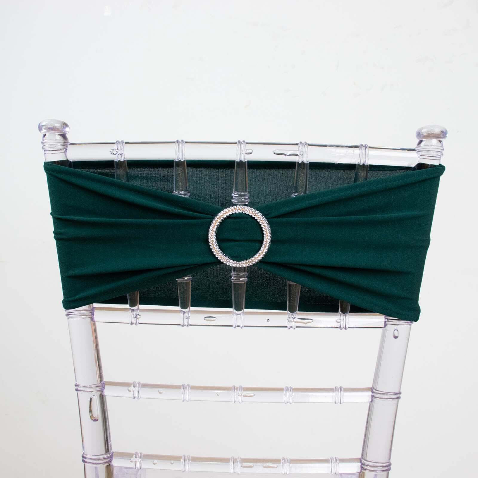 5 Pack Stretch Spandex Chair Sashes Hunter Emerald Green - Reusable Chair Bands with Silver Diamond Ring Slide Buckle 5"x14"