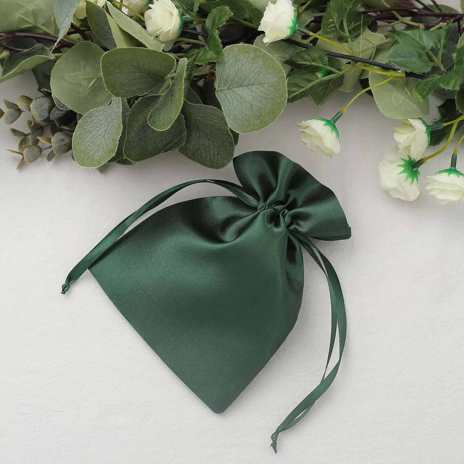 12 Pack 5"x7" Hunter Emerald Green Satin Wedding Party Favor Bags, Drawstring Pouch Gift Bags