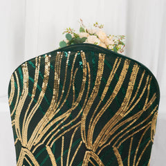 Spandex Chair Cover with Wave Embroidered Sequins for Banquet Chairs Hunter Emerald Green/Gold - Glittering Stretch Fitted Slipcover