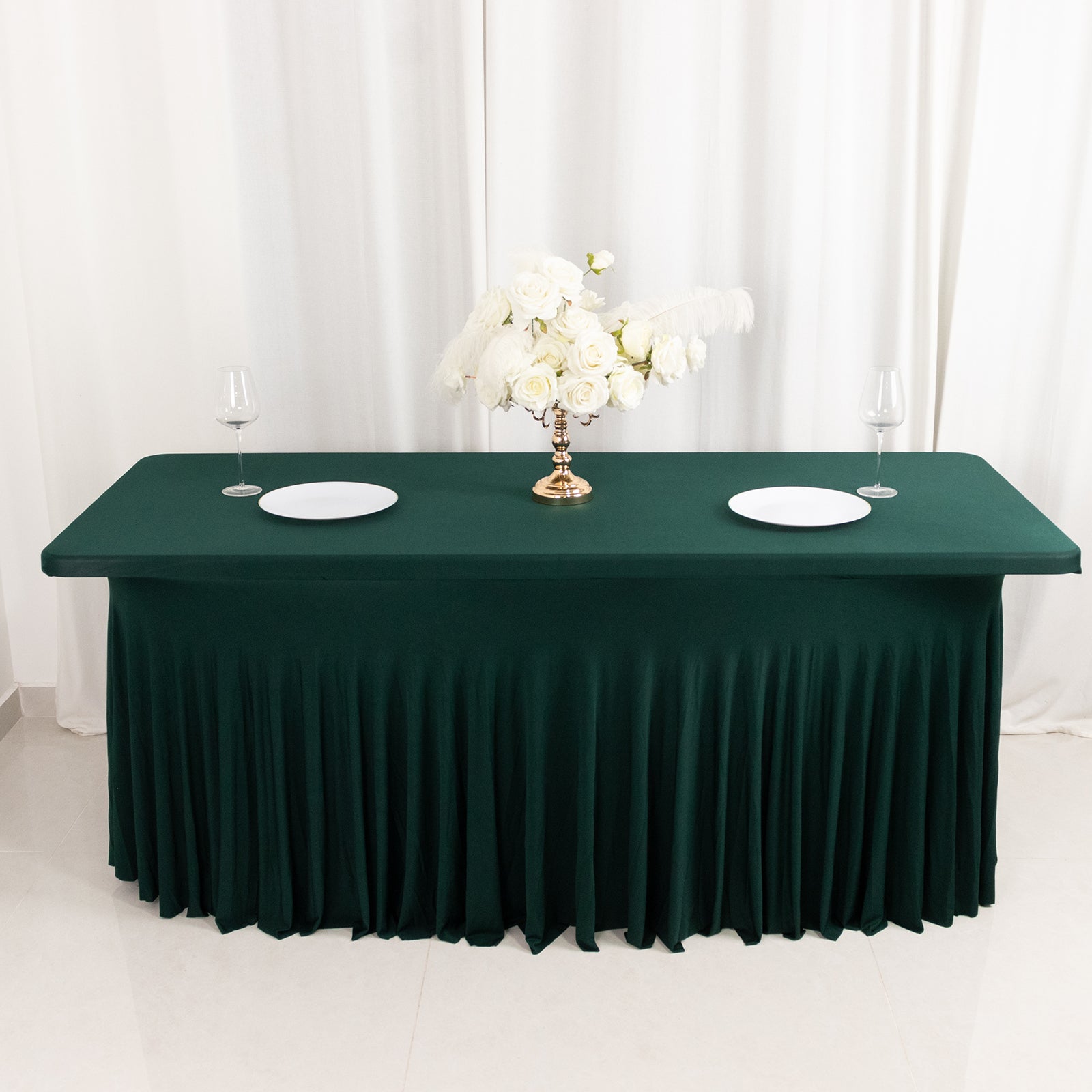 Spandex Rectangle 72"x30" Table Skirt Hunter Emerald Green with Wavy Skirt-Like Effect Table Cover