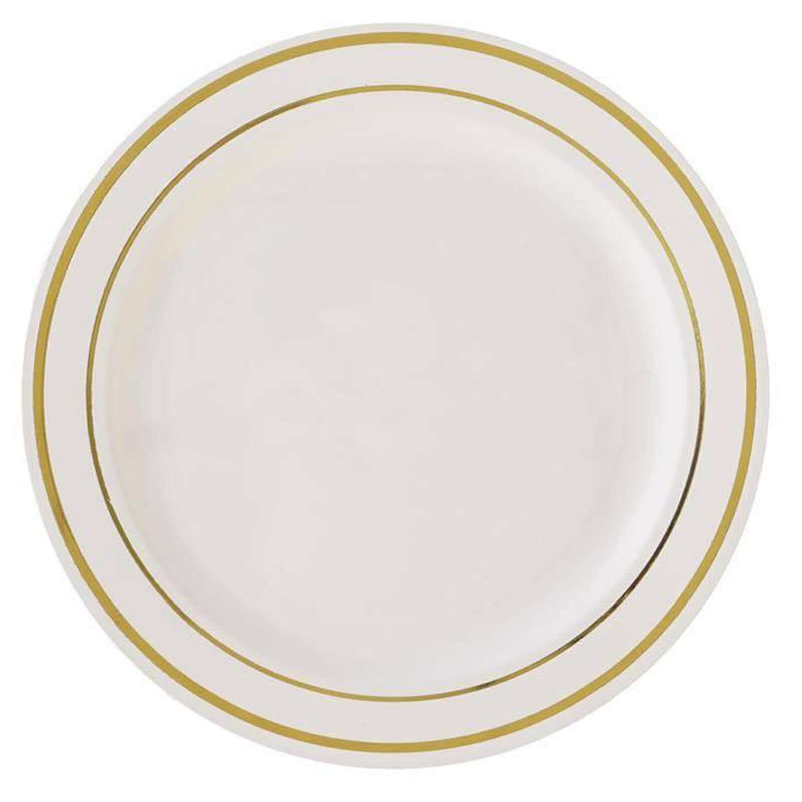 10-Pack Plastic Dessert Plates Ivory with Très Chic Gold Rim - Disposable Plates for Parties 8"