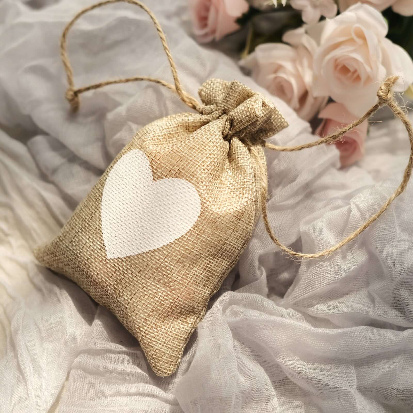 20 Pack 4"x5" Natural Ivory Heart Design Jute Burlap Gift Bags With Drawstring, Rustic Wedding Party Favor Bags