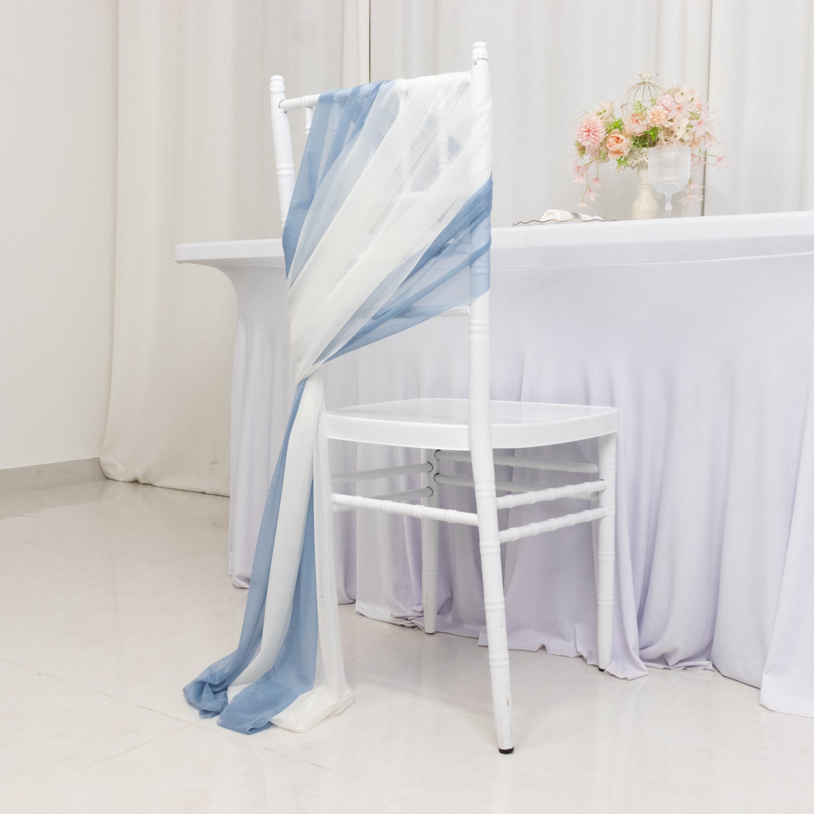20-Pack Sheer Chair Drape Decor in Dusty Blue and Ivory – 9ft Shimmer Sash, Wrinkle-Free