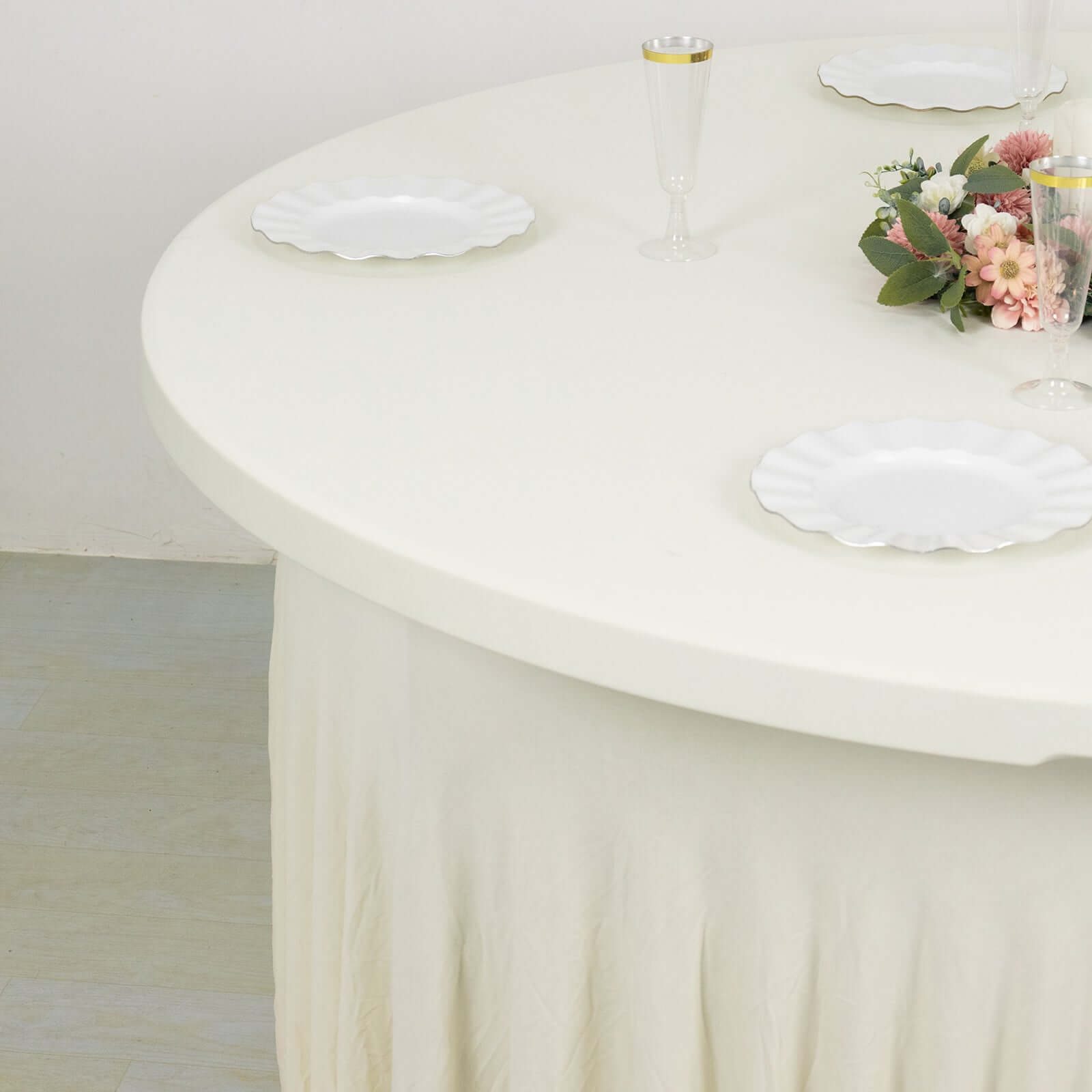 Spandex Round 6ft Table Skirt Ivory with Wavy Skirt-Like Effect Stylish Table Cover