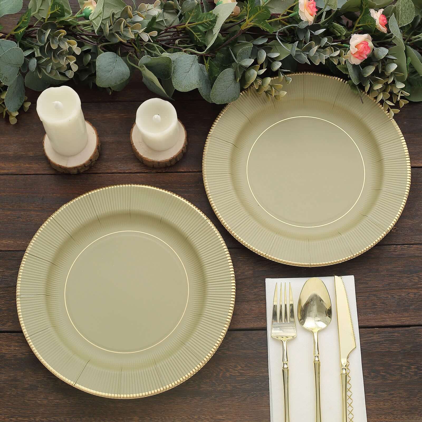 25-Pack Paper 10" Round Dinner Plates in Khaki Sunray Design with Gold Rim - Disposable Heavy Duty 350GSM Party Plates