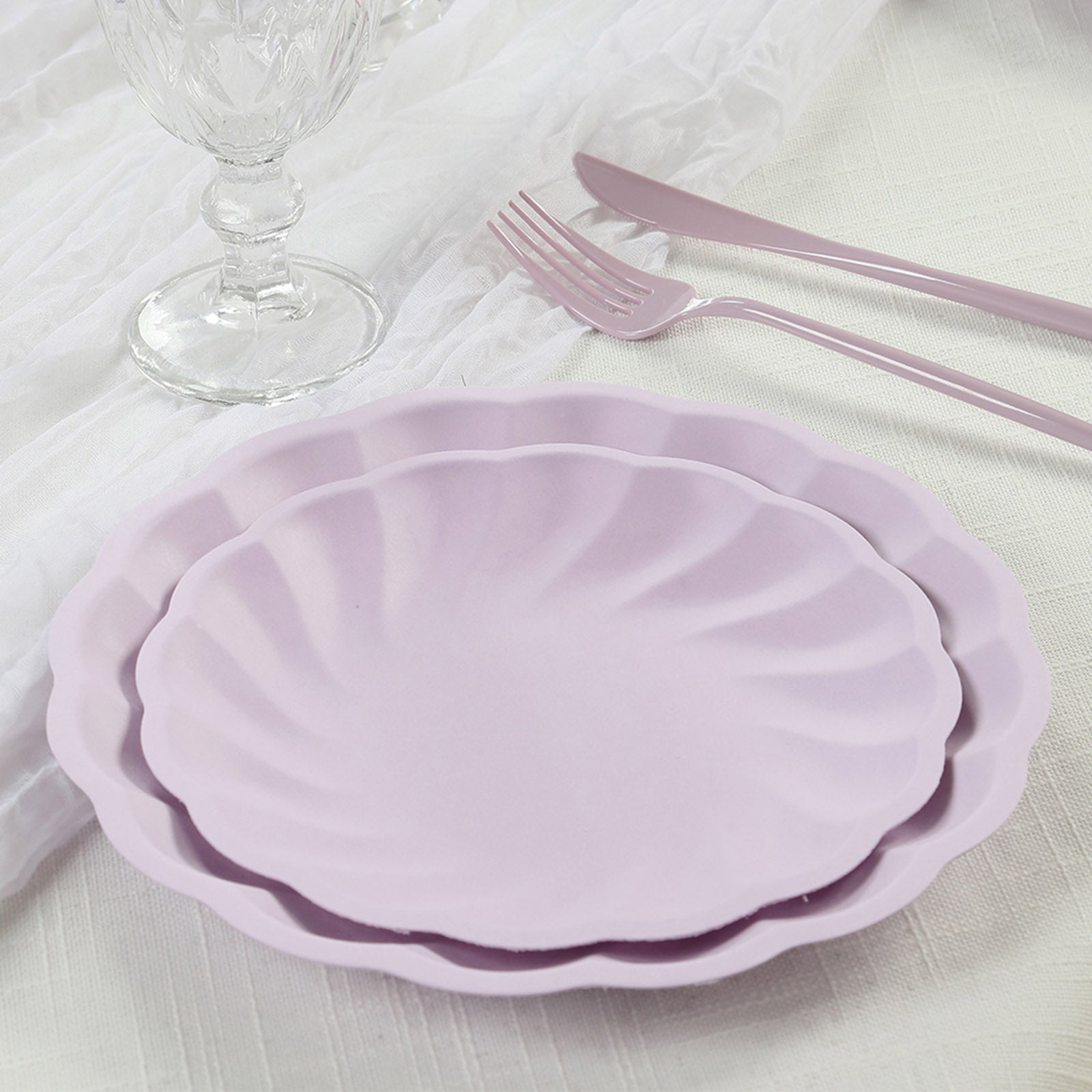 20 Pack Biodegradable Salad Plates in Lavender Lilac – 7" Swirl Scalloped Pastel Color Compostable Bamboo Dessert Plates, Elegant Disposable Tableware