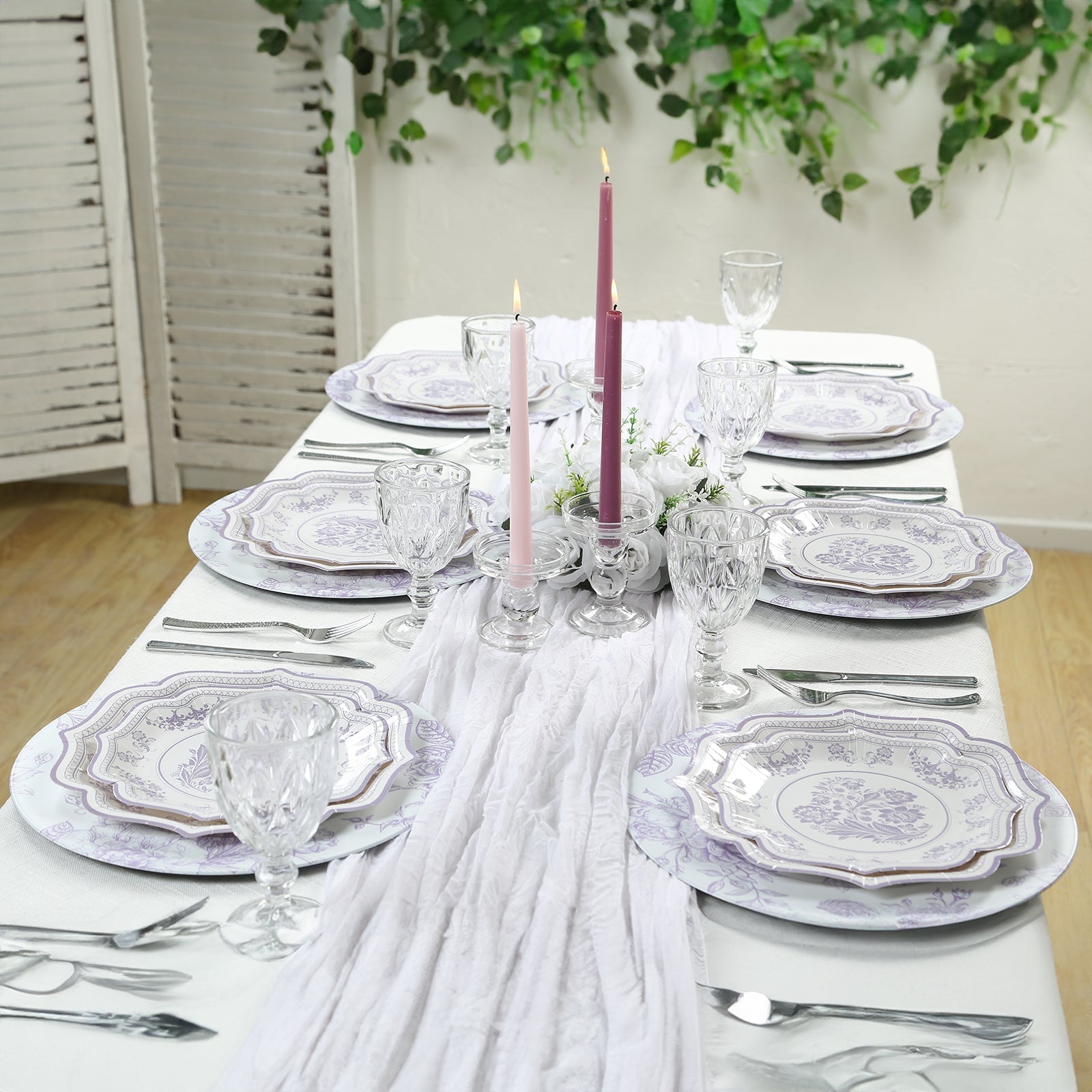 6 Pack Round Floral Acrylic Charger Plates in French Toile Pattern, 13" Matte Lavender and White Dinner Charger Event Tabletop Decor