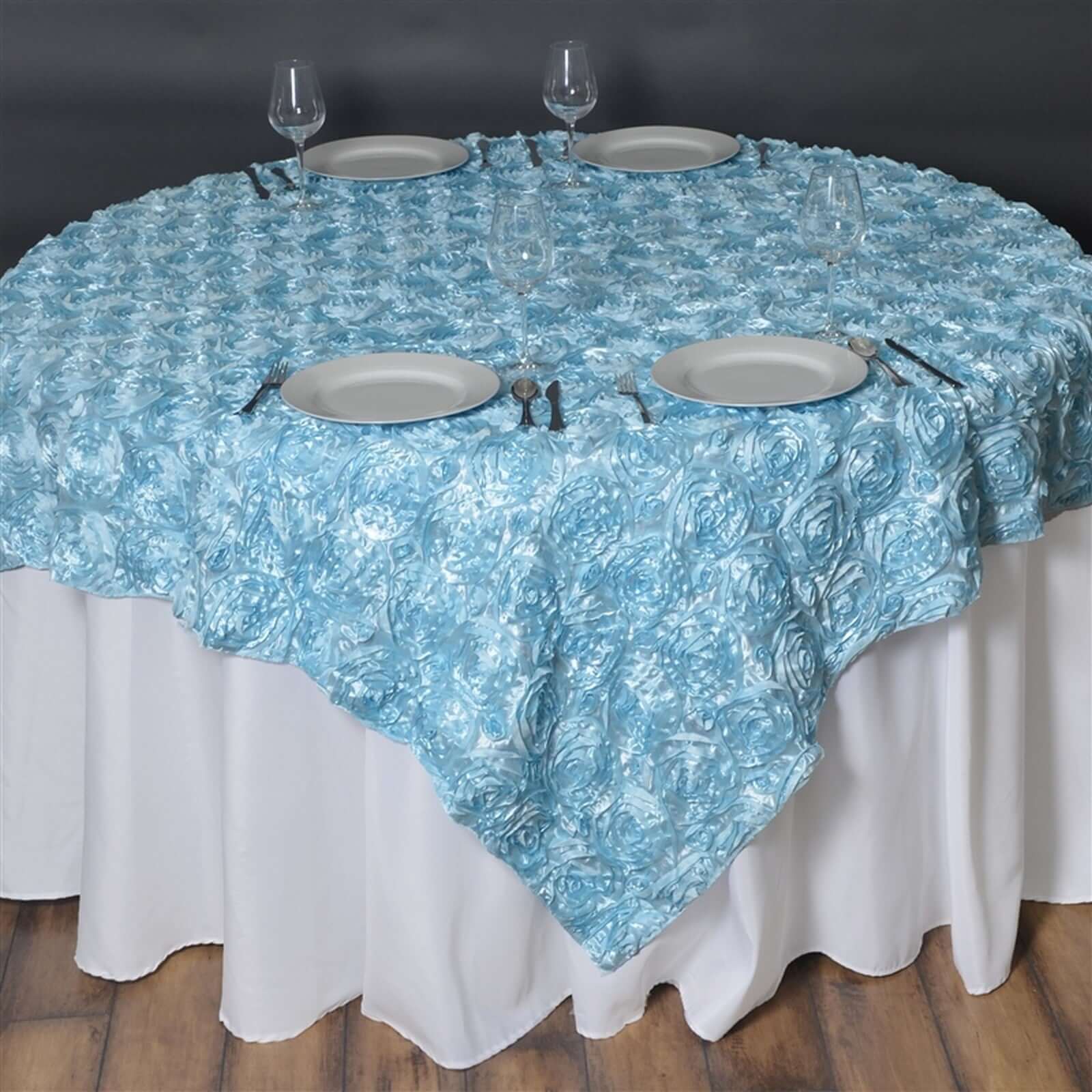 Satin 72"x72" Table Overlay Square Tablecloth Light Blue - 3D Rosette Table Cover