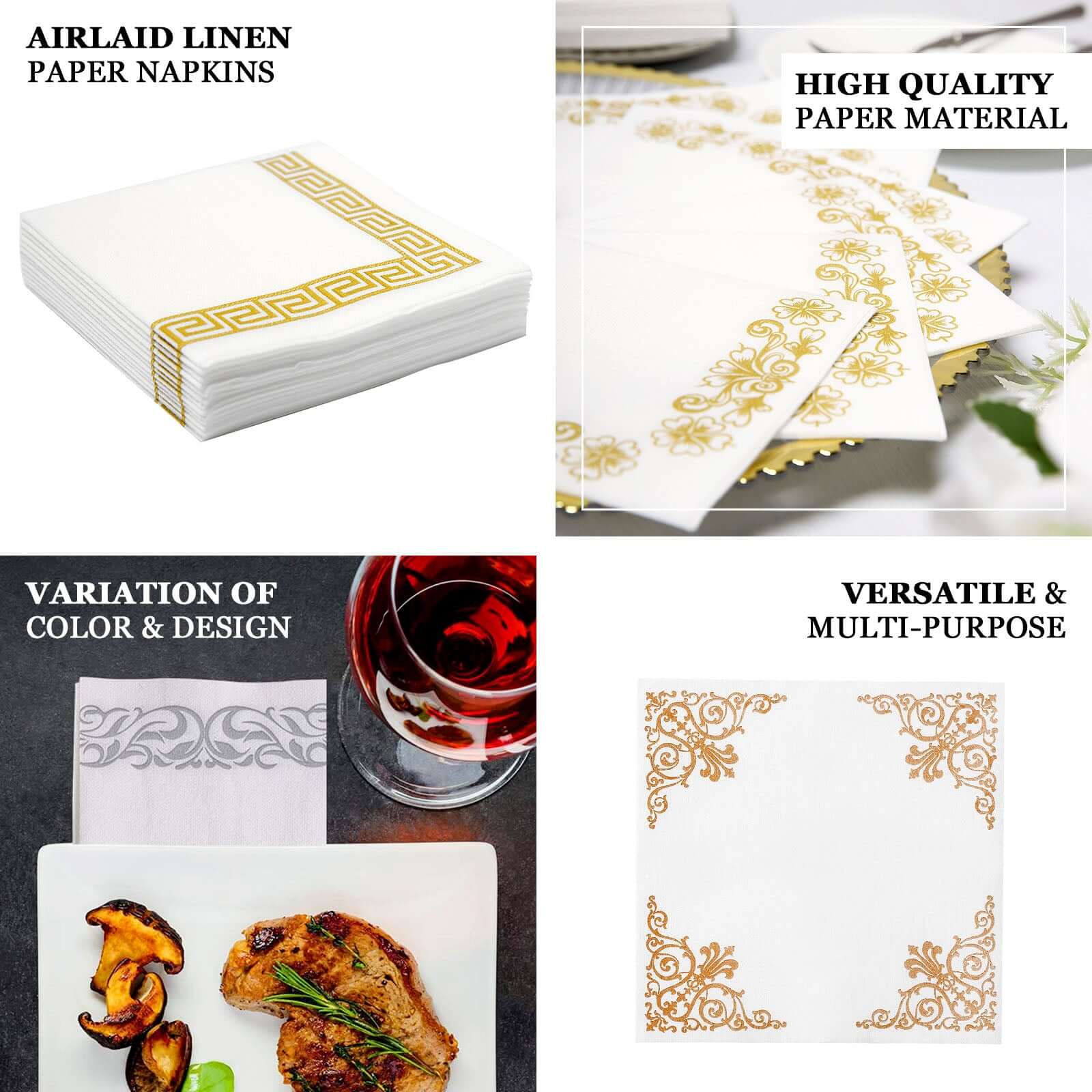 25 Pack Linen-Like Paper 5"x5" Napkins White with Gold Greek Key Design - Hygienic Disposable Airlaid Party Napkins